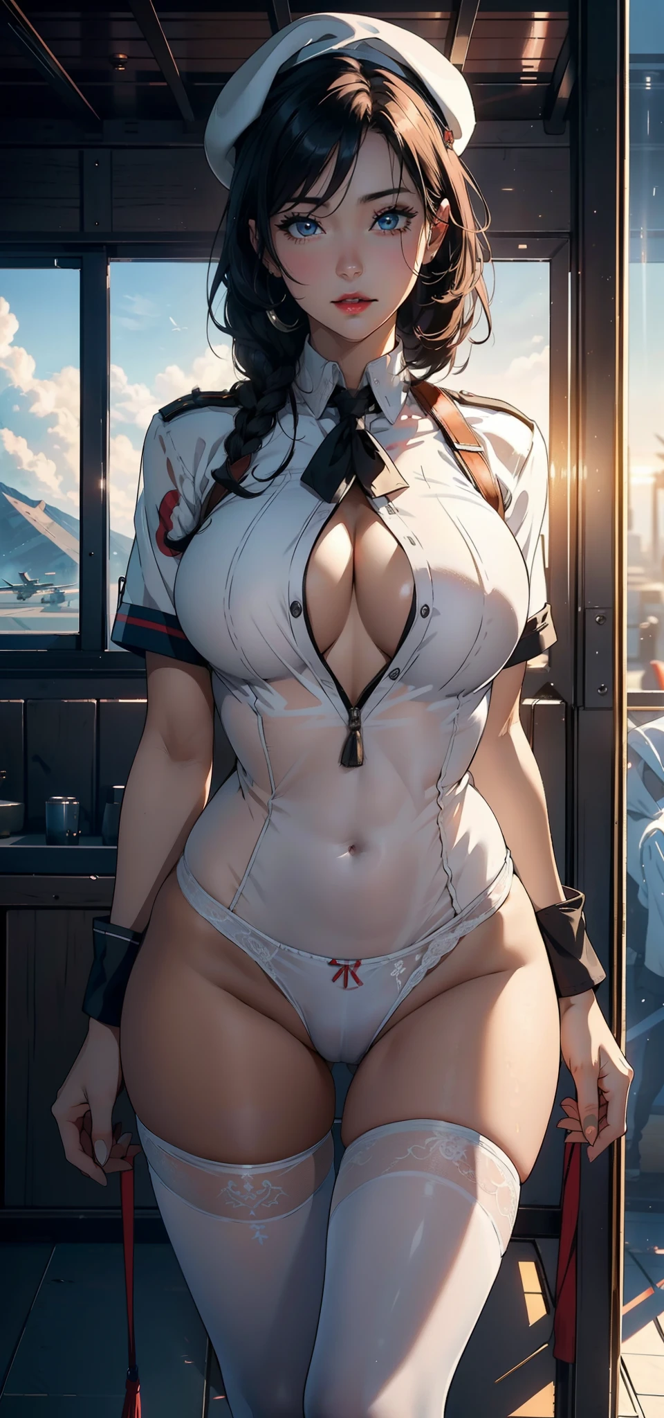 1female，41 years old，熟妇，A MILF，mature，plumw，extremely large bosom ，Pornographic exposure， 独奏，（Background with：aerodrome，fighter jets，inside of a cabin） She has short black hair，bobo head，Station，seen from the front， hair straight， mostly cloudy sky，（（（tmasterpiece），（Very detailed CG unity 8K wallpaper），best qualtiy，cinmatic lighting，detailed back ground，beatiful detailed eyes，Bright pupils，Redlip（Very fine and beautiful），（Beautiful and detailed eye description），ultra - detailed，tmasterpiece，）），facing at camera，A high resolution，ultra - detailed），revealing breasts，Bare genitalia，  Bulge，legs are open，Raised sexy，Camel toes，Flushed complexion，Open-mouthed，frontage，Stewardess，beret（Wearing：White transparent shirt，Black pantyhose）captain america