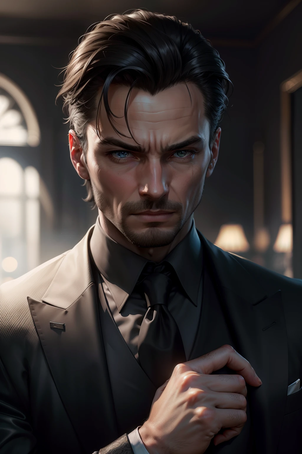 (realism:1.2|very realistic:1.2),(Best quality|High quality|Excellent quality), ultra realist, Homme noir chauve, Mysterious shadows, expression faciale neutre, pose frontale, wearing an elegant silver suit, Structure des objets mis en surbrillance , tons chauds et sombres, Marked and detailed textures,