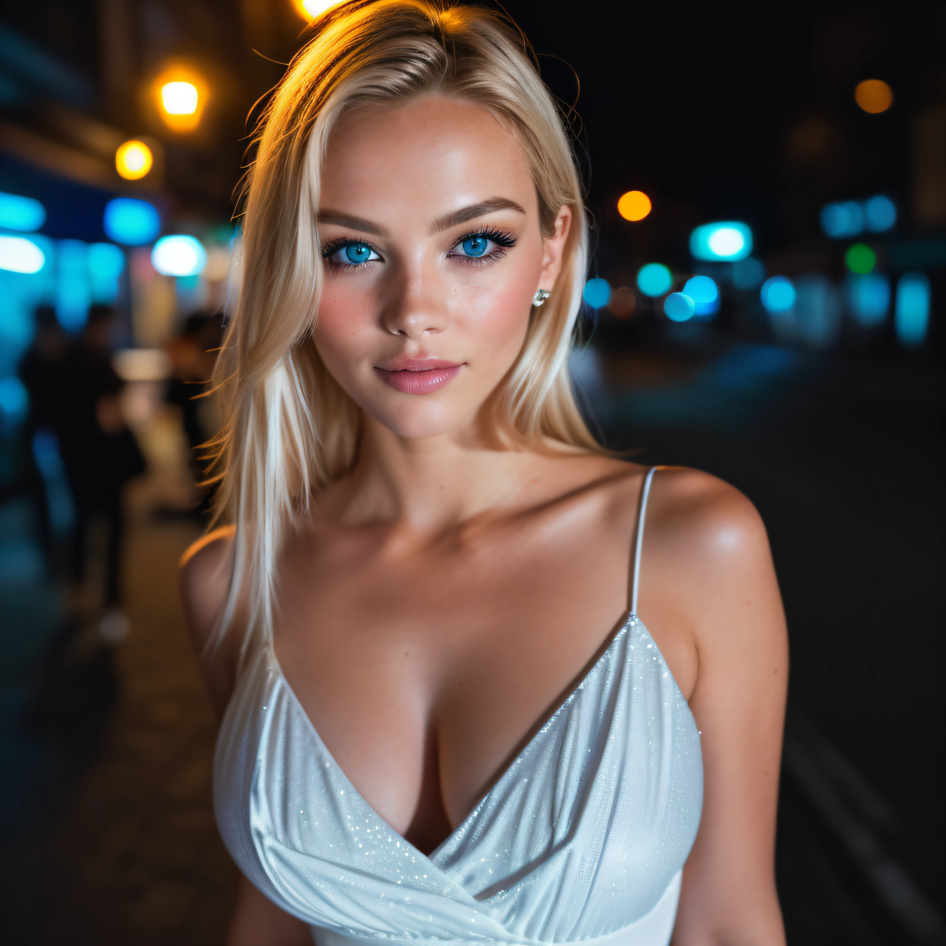 (selfie, top view: 1.4), (straight half of the body: 1.4), RAW UHD portrait photo of a 24-year-old blonde (blue-eyed woman) walking down a dark alley, large breasts,, city at night, (dress), (neckline), details (textures! , hair! , glitter, color!! , disadvantages: 1.1), glossy eyes with high detail (looking at the camera), SLR lighting, SLR camera, ultra-quality, sharpness, depth of field, film grain (center), Fujifilm XT3, crystal clear, frame center, beautiful face, sharp focus, street lamp, neon lighting, bokeh (dimly lit), night, (night sky), detailed skin pores, oily skin, sunburn, complex eye details, full body, large breasts