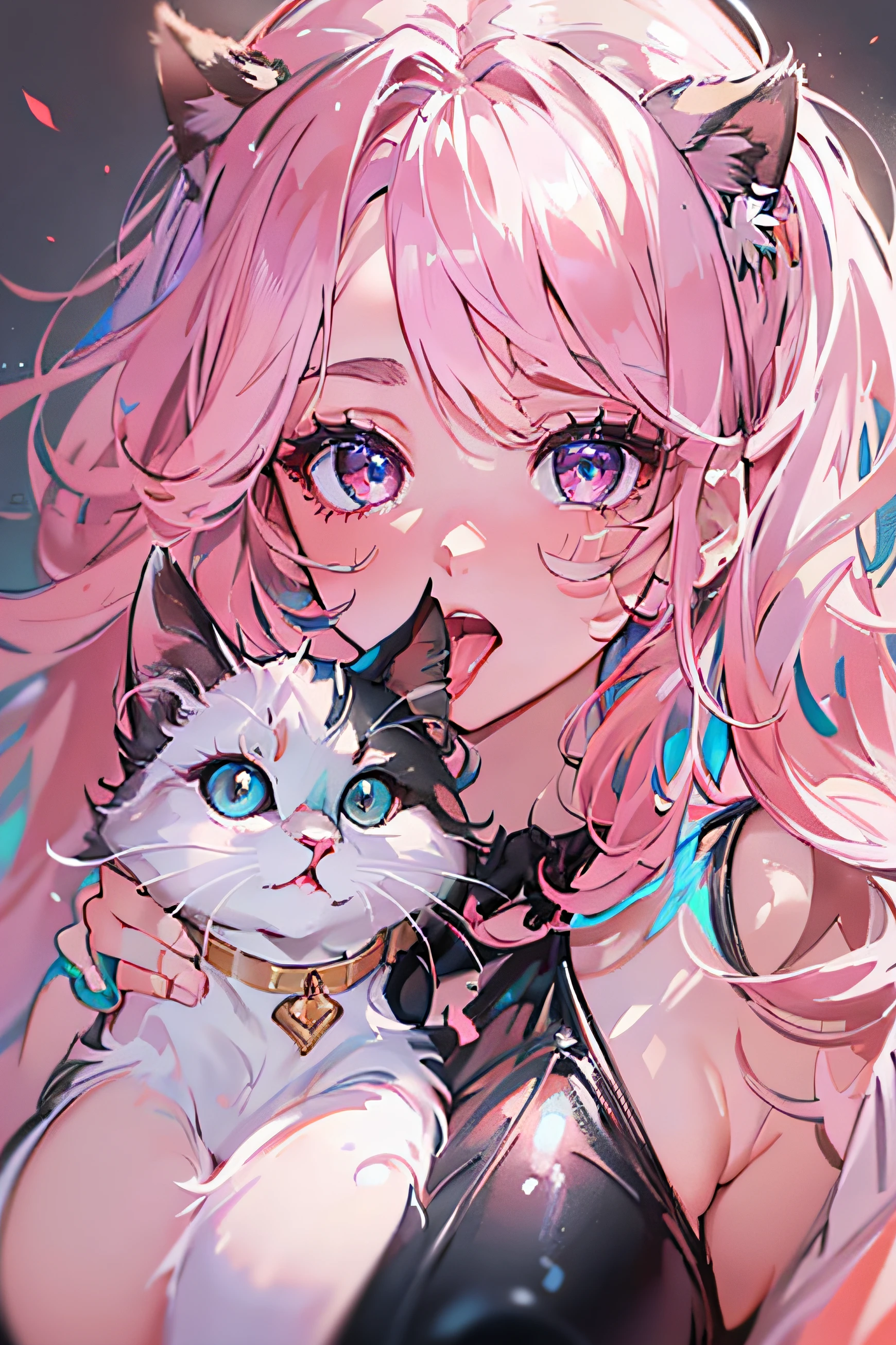 (best quality, highest, 16k, HD),full body, beautiful detailed eyes, sparkling eyes, expressive gaze, vibrant colored irises, intense stare, long daintylashes, piercing look, deepset eyes, prominent brows, wispy eyebrows, iridescent reflection, meticulously detailed eyelids, soulful eyes, dreamy glances, mesmerizing allure, sensuous peepers, breathtakingly captivating eyes, hypnotizingly beautiful eyes, alluring orbs, gorgeously enchanting eyes, luminous big eyes, (finely detailed beautiful eyes and detailed face, masterpiece, full body shot, side lighting, masterpiece, best quality, detailed, high resolution illustration, 8K ), (1girl, solo, alone) alluring face and chest, big chest, sexy (1girl,whole body, lustrous skin, looking up, looking at viewer), (multi-colored hair, dumpling hair, cat-girl, red crop top, black panties, black sexy bra , open cropped hoodi ,slave clothes, open mouth, tongue-out, wearing lace black pantyhose), (Complete head:1.9),meticulous portrayal of face, maturely female ,Black dress, long dress,(black lence stockings+),High-heeled ribbon sandals,(Black stocking feet),Pink White Long hair,Prom background, Perfect body, perfect face, perfect hand, Perfect Finger, Perfect lips, Perfect background, sport shoes