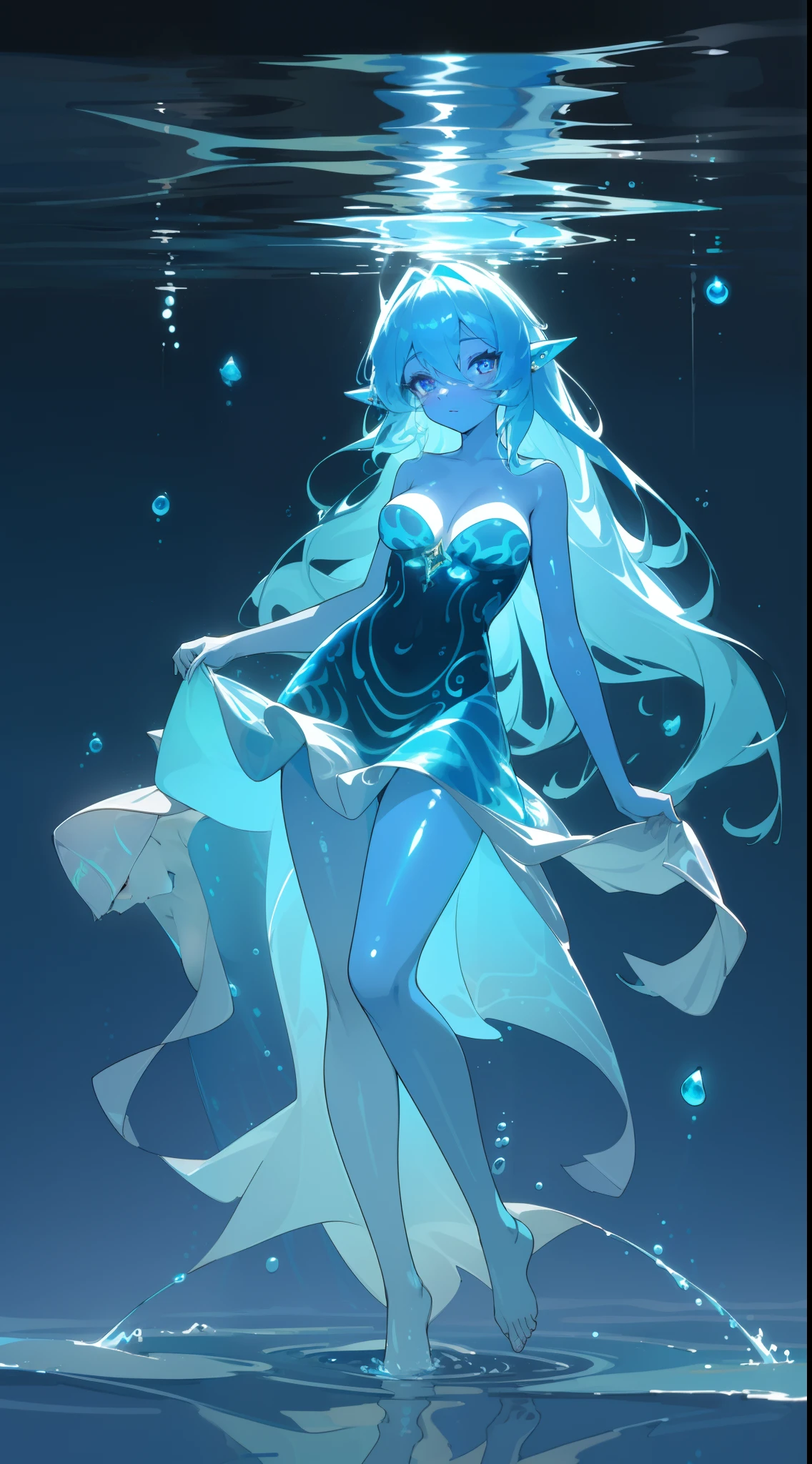 (masterpiece), best quality,1girl, (tight water themed dress), water styled dress,mini skirt,((full_body)), fit female,, goddess, nymph, medium breasts, perfect eyes, sexy, shiny skin,swiming in the sea,bioluminescent hair, glowing body,long hair,elve ear,((blue skin))