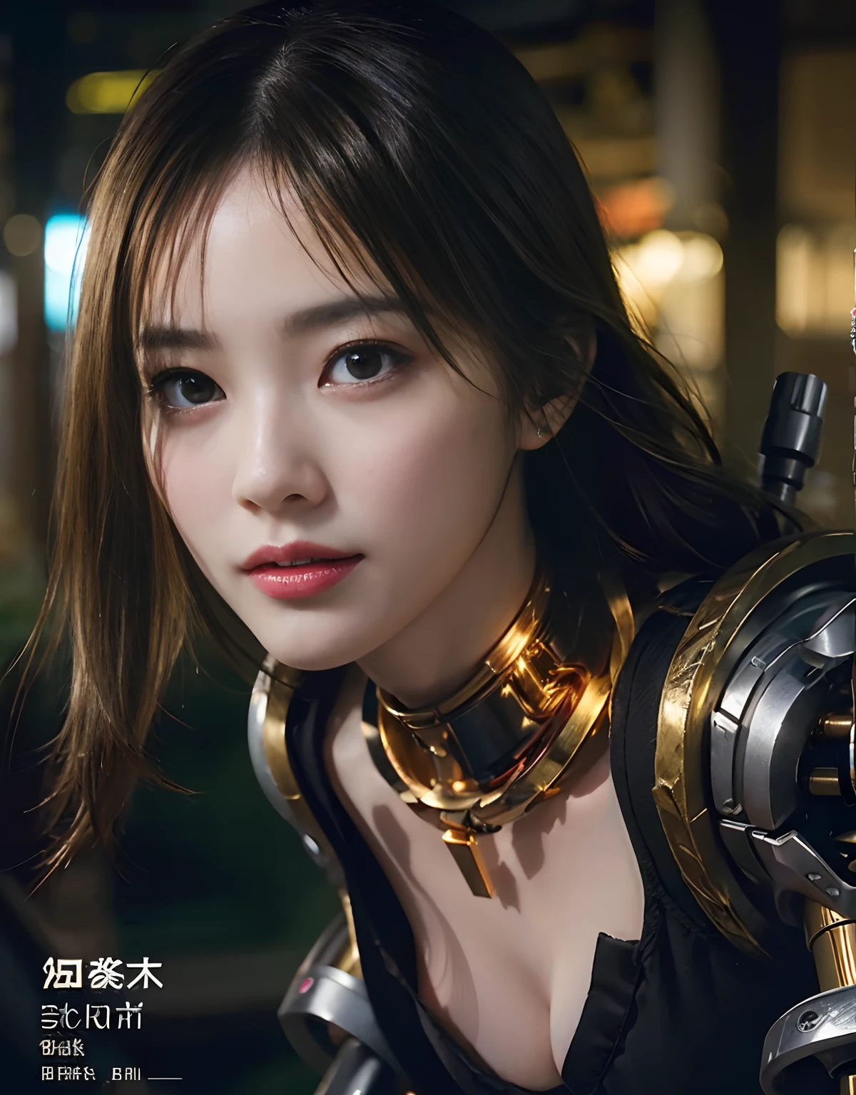 (1 Mechanical Girl)、top-quality、​masterpiece、超A high resolution、(Photorealsitic:1.4)、Raw photo、女の子1人、Golden hair、glowy skin、(((1 Mechanical Girl)))、With a beautiful knife、（Gold Metal Bodysuit）、(beautiful forest background)、(Fighting Demonic Beasts)、(Small LED)、((super realistic details))、portlate、globalillumination、Shadow、octan render、8K、ultrasharp、Colossal tits、Raw skin is exposed in cleavage、metals、Details of complex ornaments、Japan details、highly intricate detail、Realistic light、CGSoation Trends、Red Eyes、radiant eyes、Facing the camera、neon details、(Mechanical limbs)、(blood vessels connected to tubes)、Mechanical vertebrae attached to the back、mechanical cervical attaching to neck、(Wires and cables connecting to the head)、Gundam、Small LED、,Mechanical thighs、Toostock、（Hands are also made of machines）、