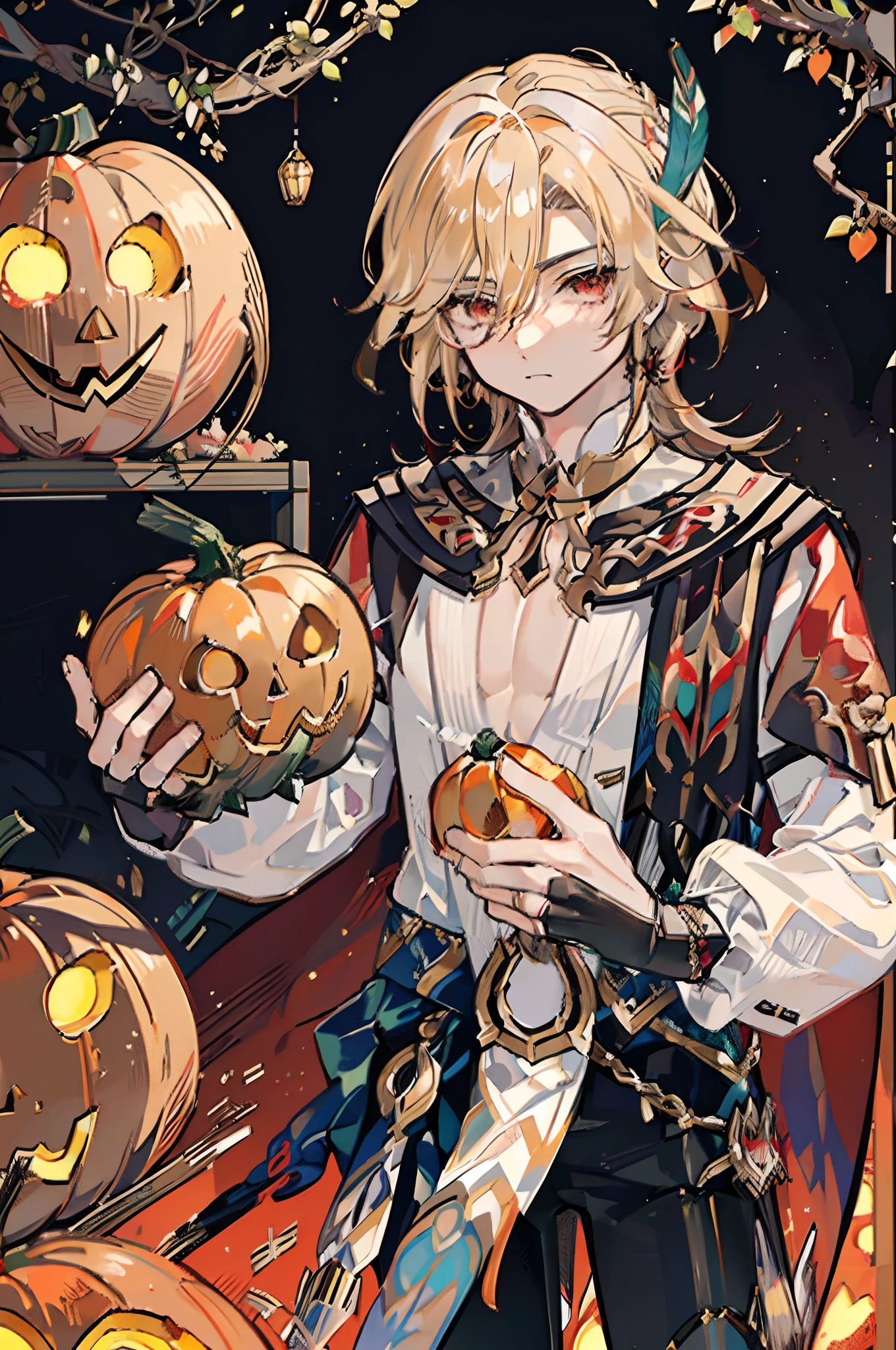 masterpiece, best quality, blond hair, red eyes, ((black pants)), feather hair ornament, white shirt with red details and embroidery, ((1man solo)), ((pumpkin patch, holding a pumpkin in his hands))