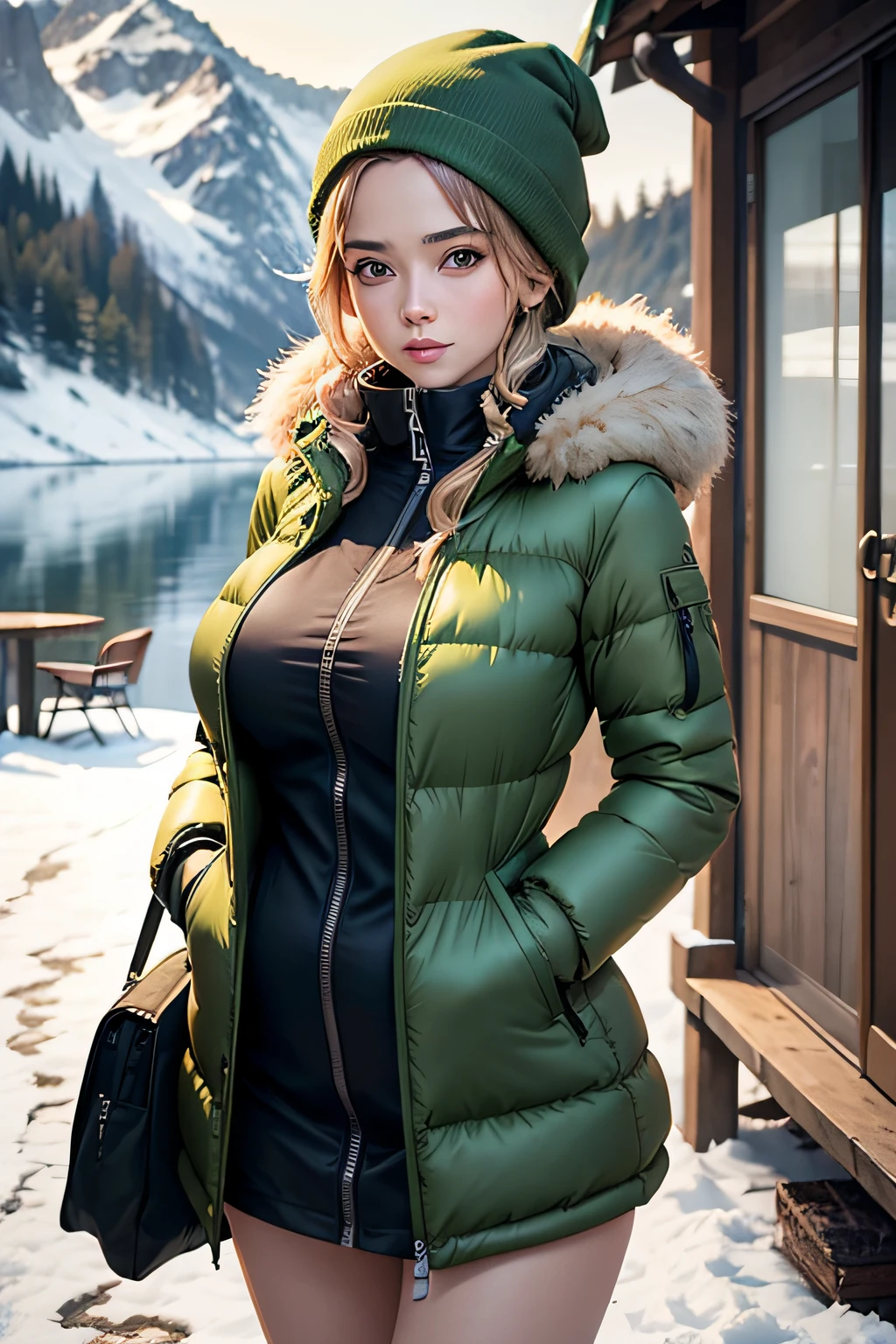 Make a woman with big breast, Green long winterjacket , with open zipper, with face, body, Lakeside house, travel bag, dog nude