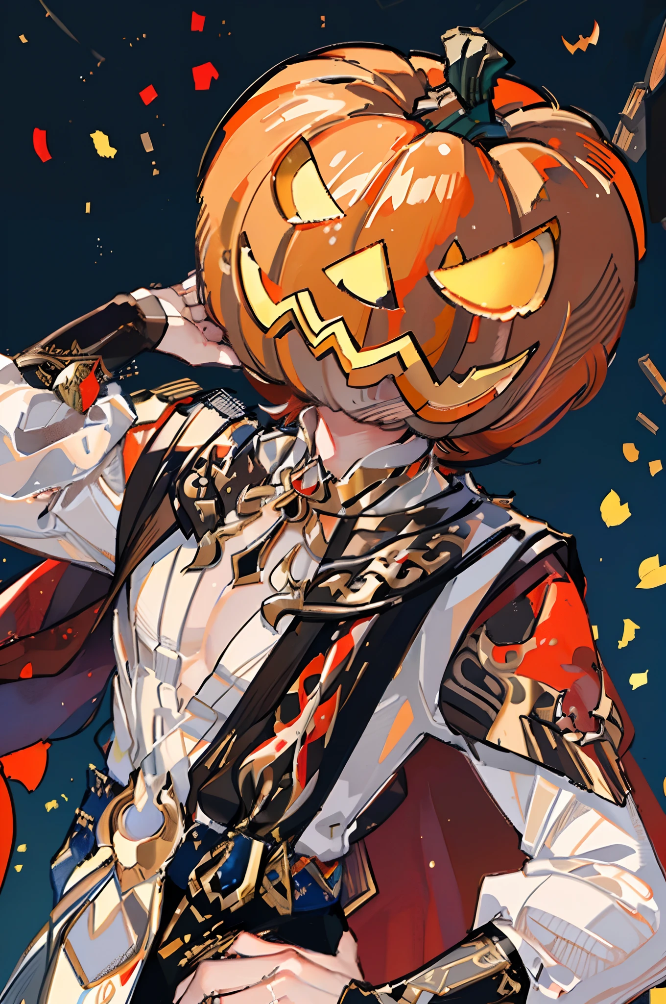 ((masterpiece, best quality)), kaveh, blond hair, red eyes, ((black pants)), feather hair ornament, white shirt with red details and embroidery, 1man solo, ((dressed up as pumpkin head for halloween))