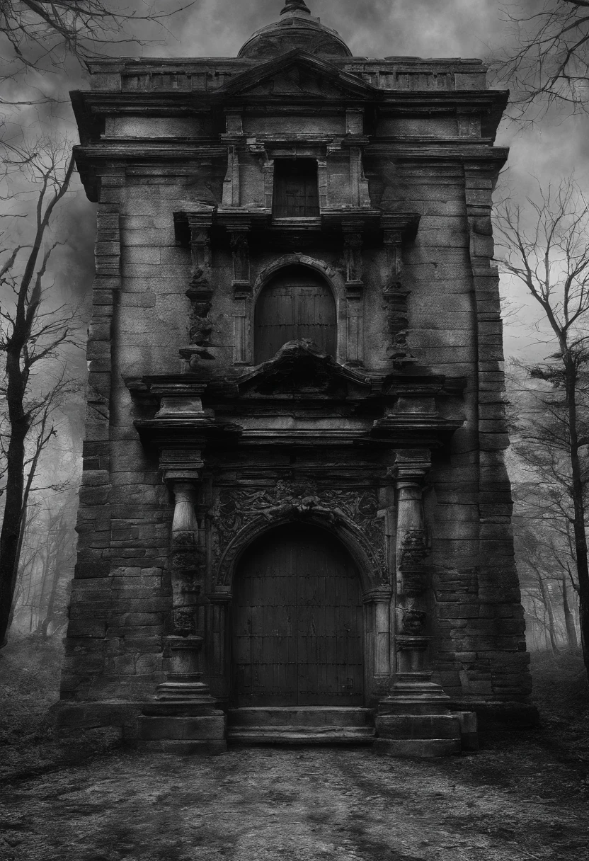 porta de um castelo assombrado por um vulto vermelho