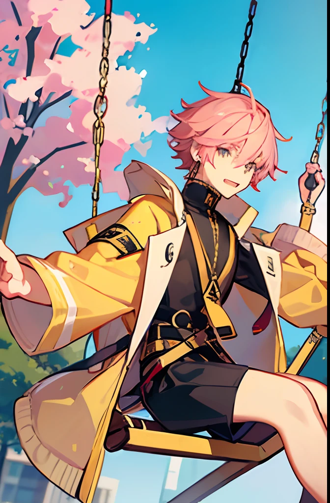 A teenage boy, he has light pink fluffy hair, short hair. He has yellow amber eyes. He has one dangling earring. he is wearing an oversized jacket. he is happy and is swinging on a swing in a park