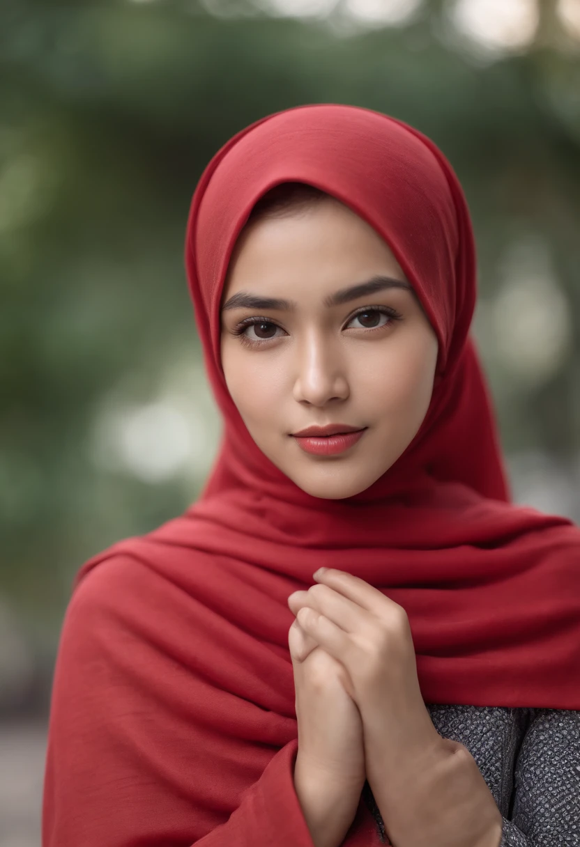 Photo portrait of a beautiful Bandung girl wearing a hijab and dimples, around , (plain red hijab), (portrait medium shot:1.3), dramatic light, Rembrandt lighting scheme, (hyperrealism:1.2), (8K UHD: 1.2), ( photorealistic:1.2), shot with Canon EOS 5D Mark IV, facial detail, skin texture detail. standing in street