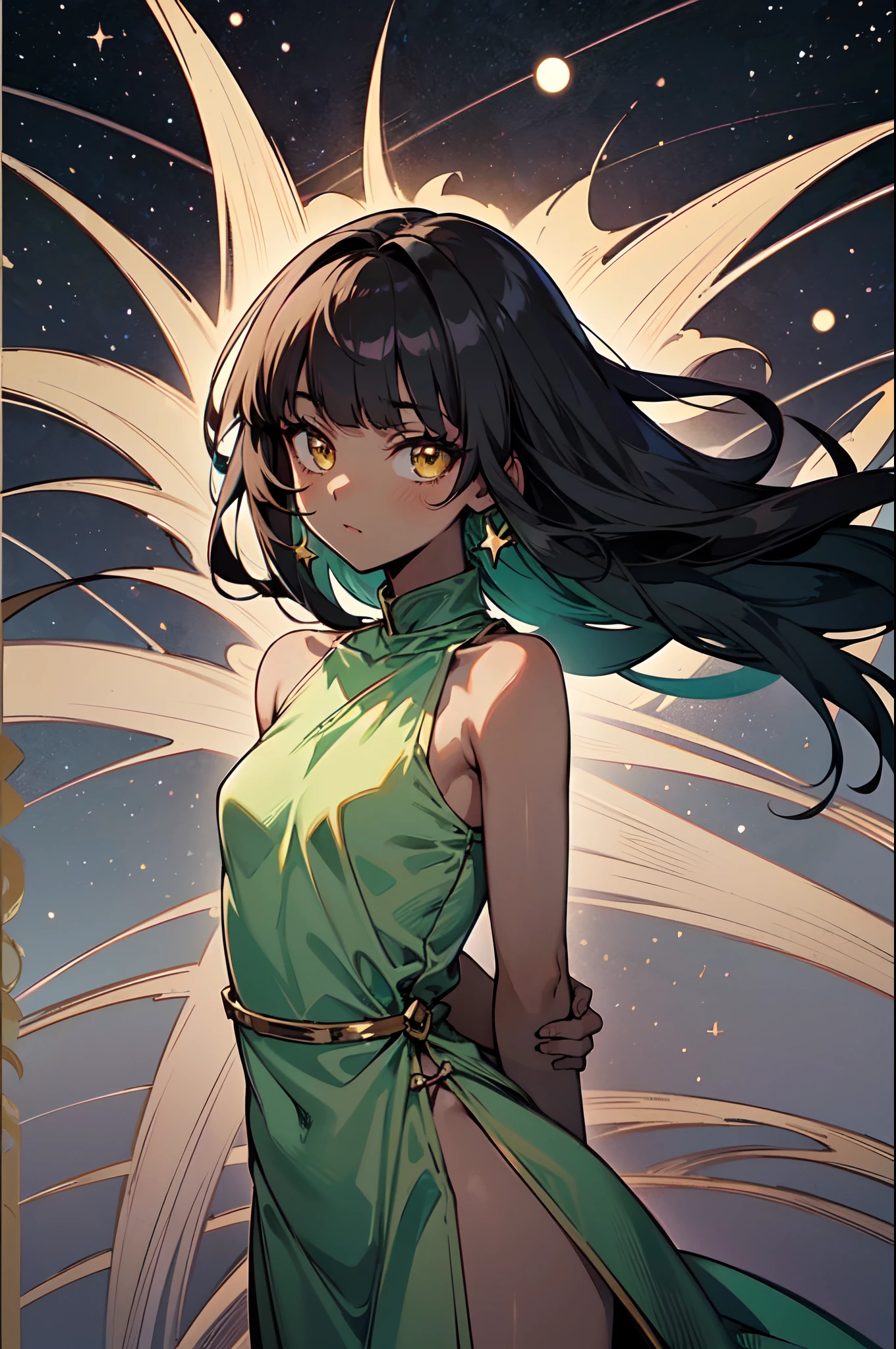1girl, solo, , cute petigirl, (dark skin:1.3), black hair, (long hair, big hair), ((hime cut, blunt bangs, blunt sidelocks)), hair flowing down, messy hair, straight hair, yellow eyes, glowing eyes, egyptian clothes, colorful dress, (jade green dress, green dress, pelvic courtain, gold accesories, golden accesories), old fashioned clothes, (small breasts), inexpressive, neutral, standing, arms down, arms behind back, looking at viewer, (upper body, face focus), (impressionism, starry night, abstract background, floating), masterpiece, best quality, 16k
