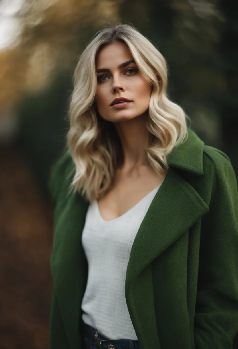 Portrait of a beautiful, attractive girl, wear intense winter attire, Tendances sur Art Station, Style de couverture de magazine, pose intimidadora, fashionable clothes, cheveux mi-long wavy blond au yeux vert.