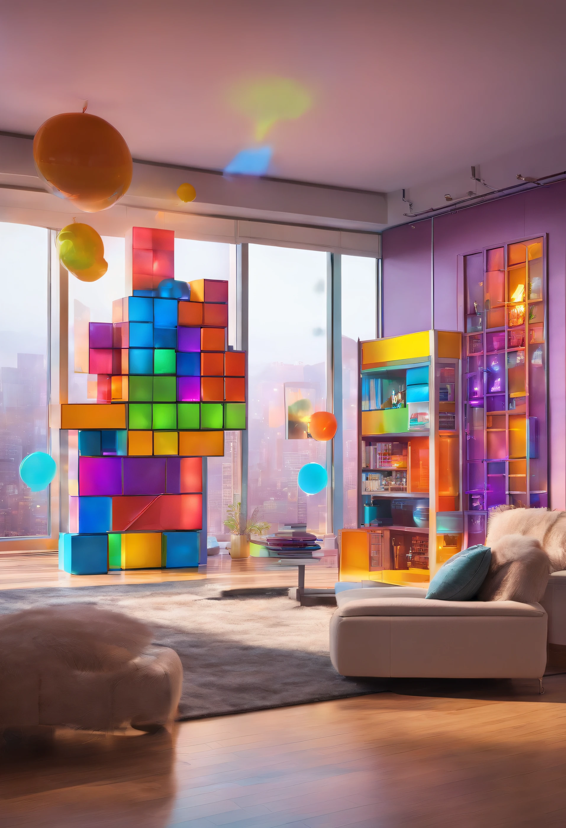 Life-size tetris in a living room with a family, cinematic, 8k, 16:9
