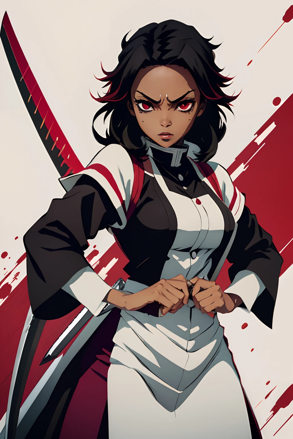 black young woman, woman, medium hair, scar in face, uniforme demon slayer, red sword, bleach pose, black hair, negra, black eyes, linda