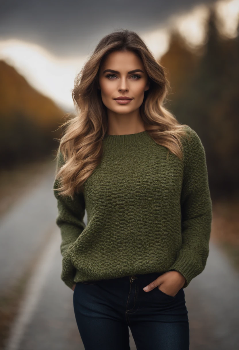 Photograph of a beautiful girl, wear an autumn sweater, cheveux brune avec balayage blond, mid-length on one side, buste lourd 36DD, Look into the camera, symmetrical hazel green eyes, symmetrical oval face, Ultra realistic photo, photographie, Path layout, specular lighting, Volumetric facial light, Hair path, Ombres visibles, complexe, Develop wear intense winter attire, Tendances sur Art Station, Style de couverture de magazine, pose intimidadora, fashionable clothes,