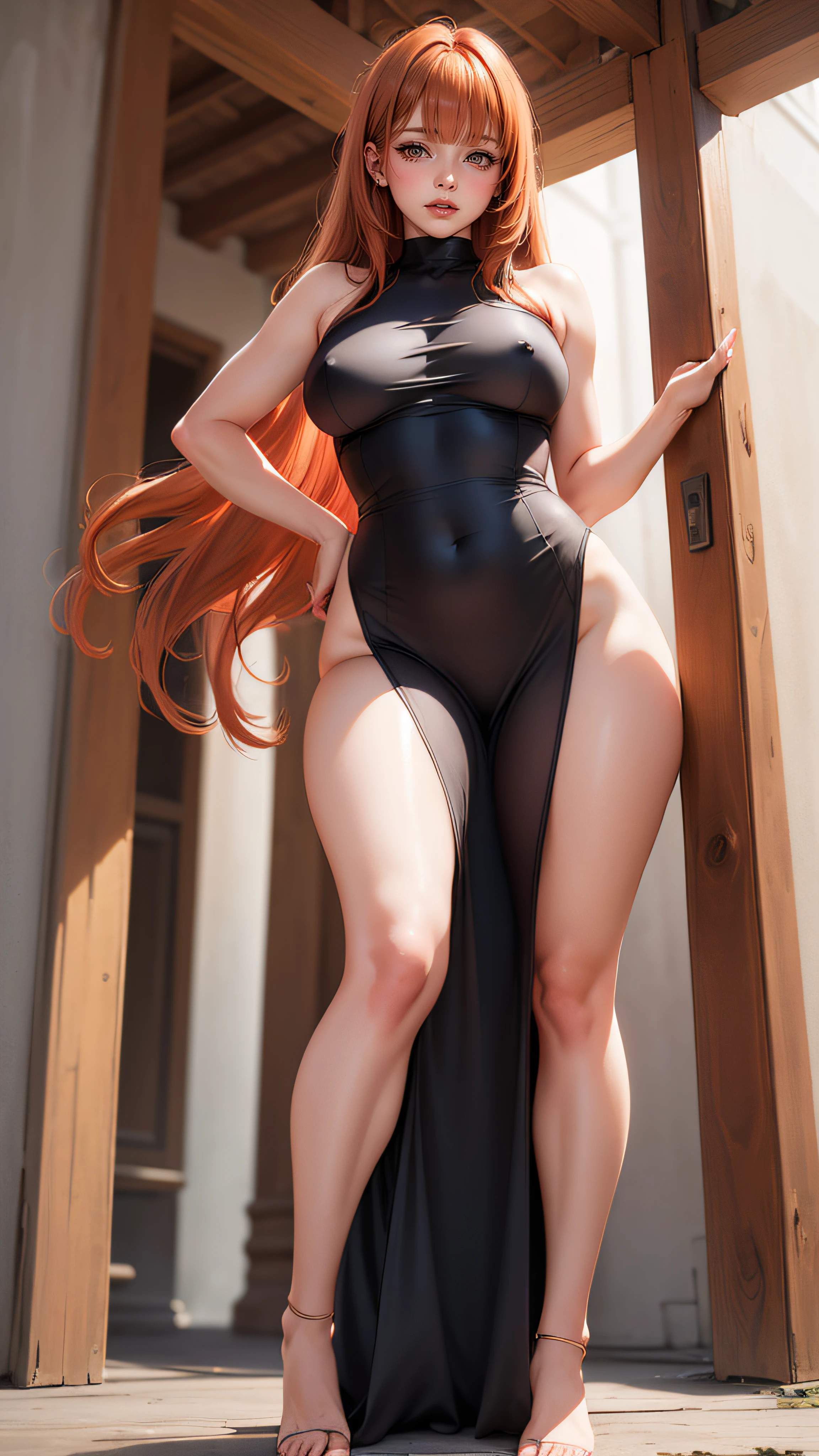 from below,(woman,50 years old,curvy,petite),(realistic:1.5,high resolution,best quality),masterpiece,full body,pale skin,(extra long shiny hair,blunt bangs,extra light coppery red hair,Curl outward,hair over one eye),pointy breasts,medium breasts,looking at viewer,(see through dress)