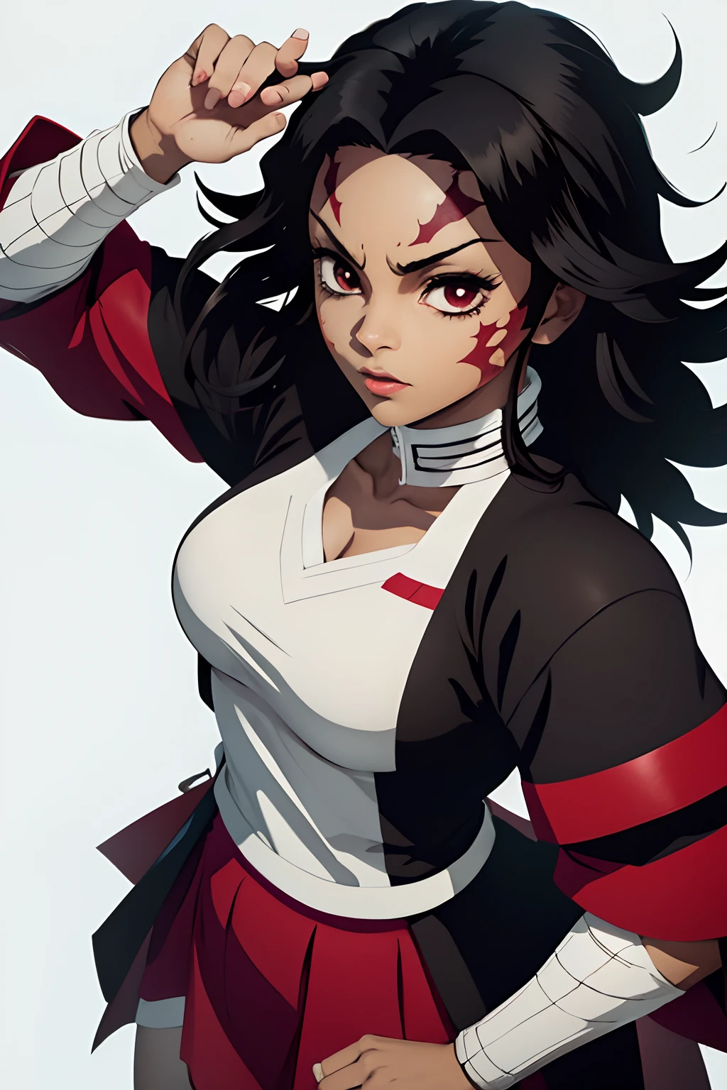black young woman, woman, medium hair, scar in face, uniforme demon slayer, red sword, bleach pose, black hair, negra, black eyes, linda