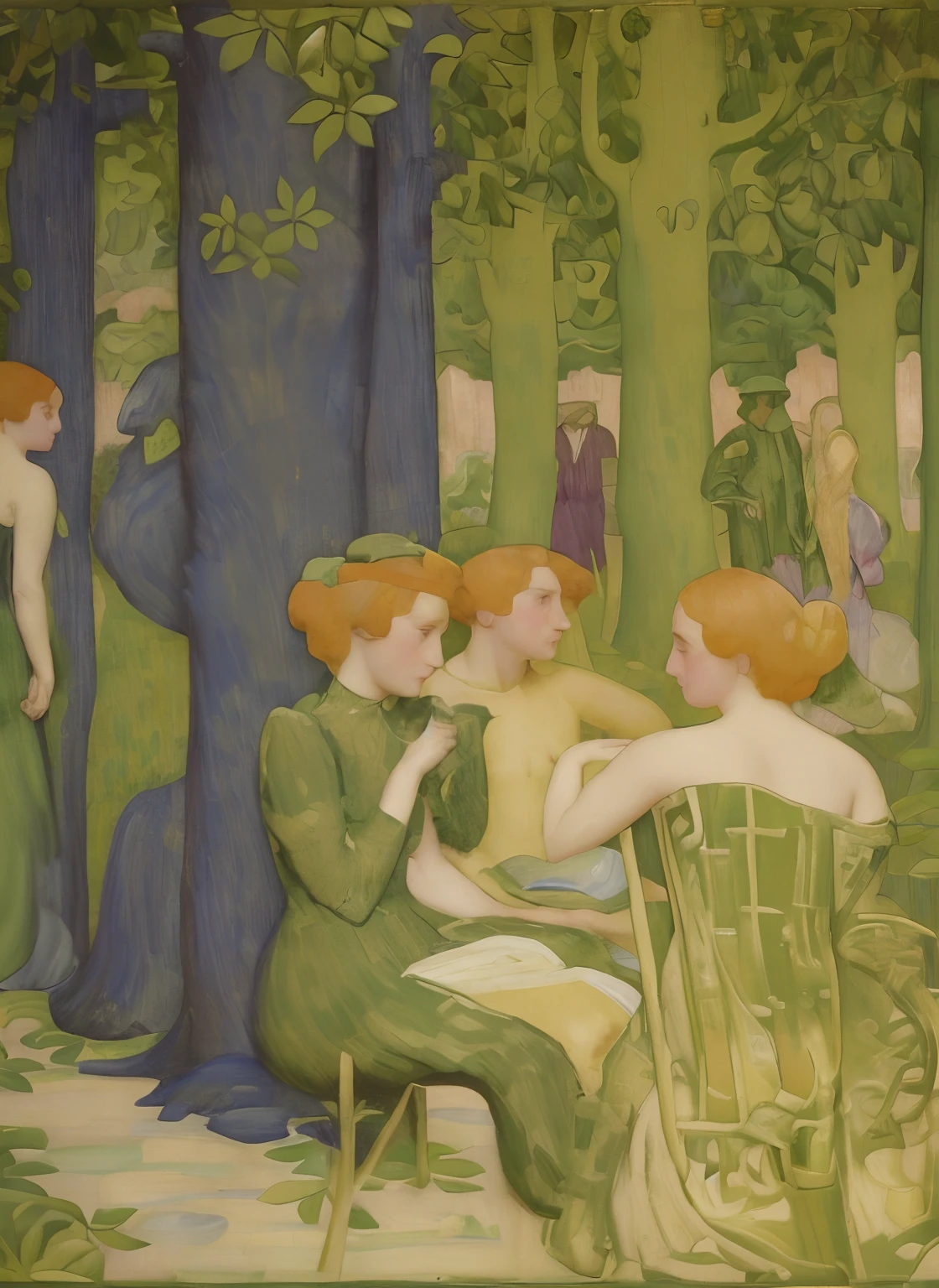 Painting of a group of people sitting in a forest with trees, Directed by: Maurice Denis, Directed by: Charles Angrand, inspirado em Maurice Denis, Directed by: Paul Ranson, Directed by: Jan Toorop, Directed by: Felice Casorati, Directed by: Georges Lemmen, Directed by: Édouard Vuillard, Directed by: Aristide Maillol, Directed by: Robert Bevan, Directed by: Rupert Bunny