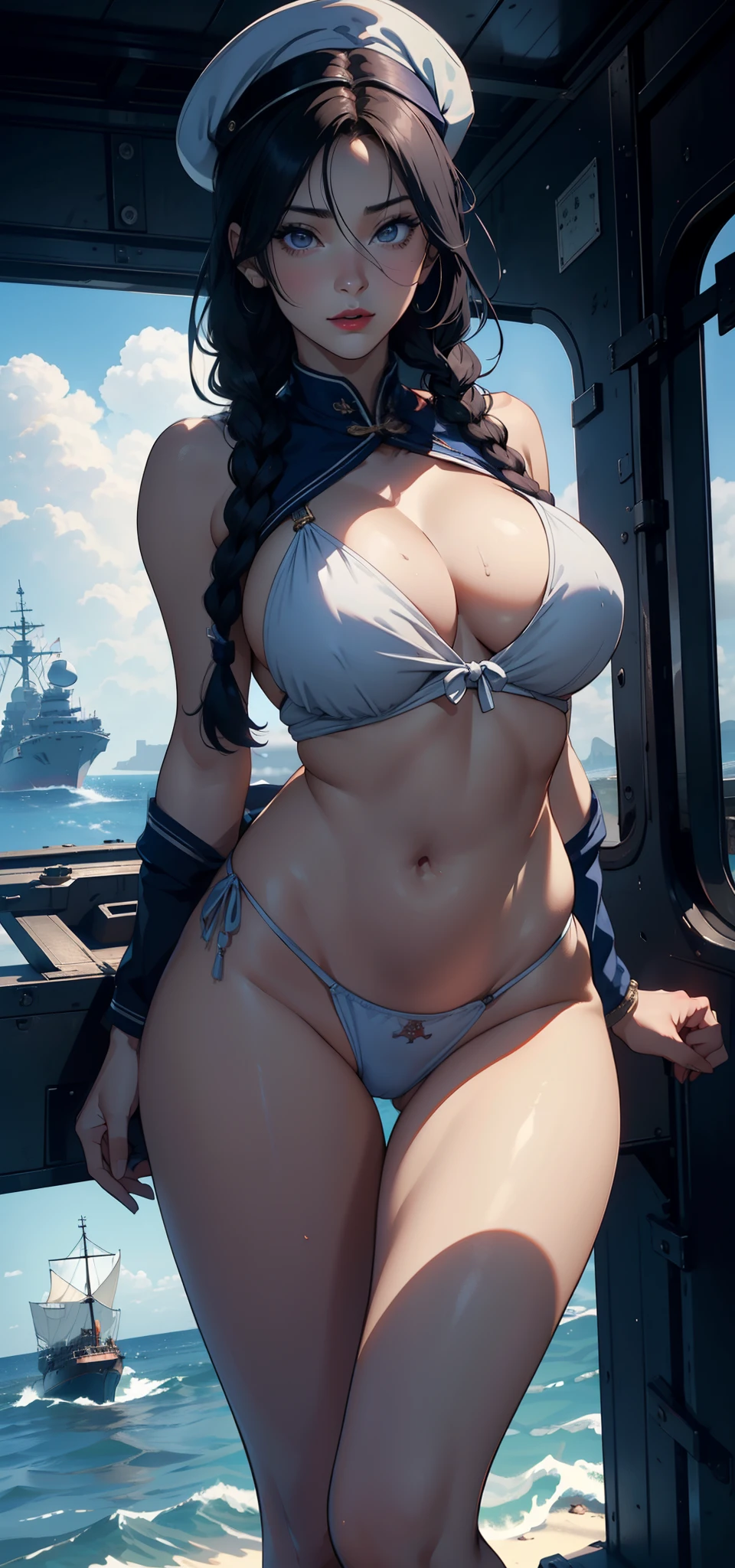 1female，35yo，plumw，extremely large bosom，Big breasts Thin waist，Long legs， 独奏，（Background with：aircraft carrier，Mare，airships，warships），legs are open，Bare genitalia，Bare ， with his long black hair，Twist braids，Stand on a warship，seen from the front， ， mostly cloudy sky，（（（tmasterpiece），（Very detailed CG unity 8K wallpaper），best qualtiy，cinmatic lighting，detailed back ground，beatiful detailed eyes，Bright pupils，Black eyes，Snow-whiteskin，Redlip（Very fine and beautiful），（Beautiful and detailed eye description），ultra - detailed，tmasterpiece，））facing at camera，A high resolution，ultra - detailed），revealing breasts，Bare genitalia，  Bulge，legs are open，Raised sexy，Camel toes，Flushed complexion，Desire for dissatisfaction，frontage，Chinese Navy，Blue and white sailor suit，Sailor's cap