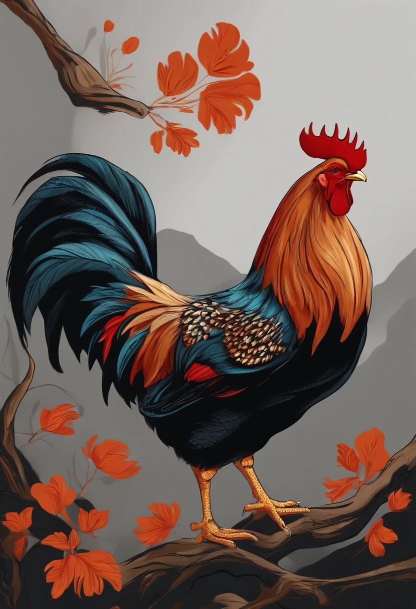 /imagine prompt: Rooster illustration for a sticker with a black background, em negrito estilo de contorno, bordas irregulares, Lixo, sombreamento claro --v 5.2