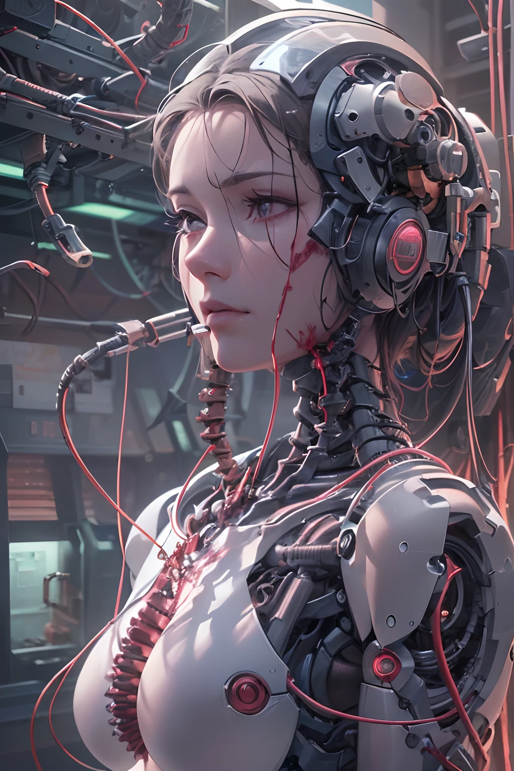 (((masterpiece))), ((best quality)), ((ultra-detailed)), (CG illustration), (an extremely devious and beautiful)), cinematic light, ((1 mechanical girl)), single, full, (machine-made joints: 1.4), ((mechanical limb)), ( blood vessels attached to the tube), ((mechanical spine attached to the back)), ((mechanical cervical vertebrae attached to the neck), ((combat stance)), expressionless, (wires and cables attached to the head and body: 1.5), (character focus), science fiction, apocalypse, glow