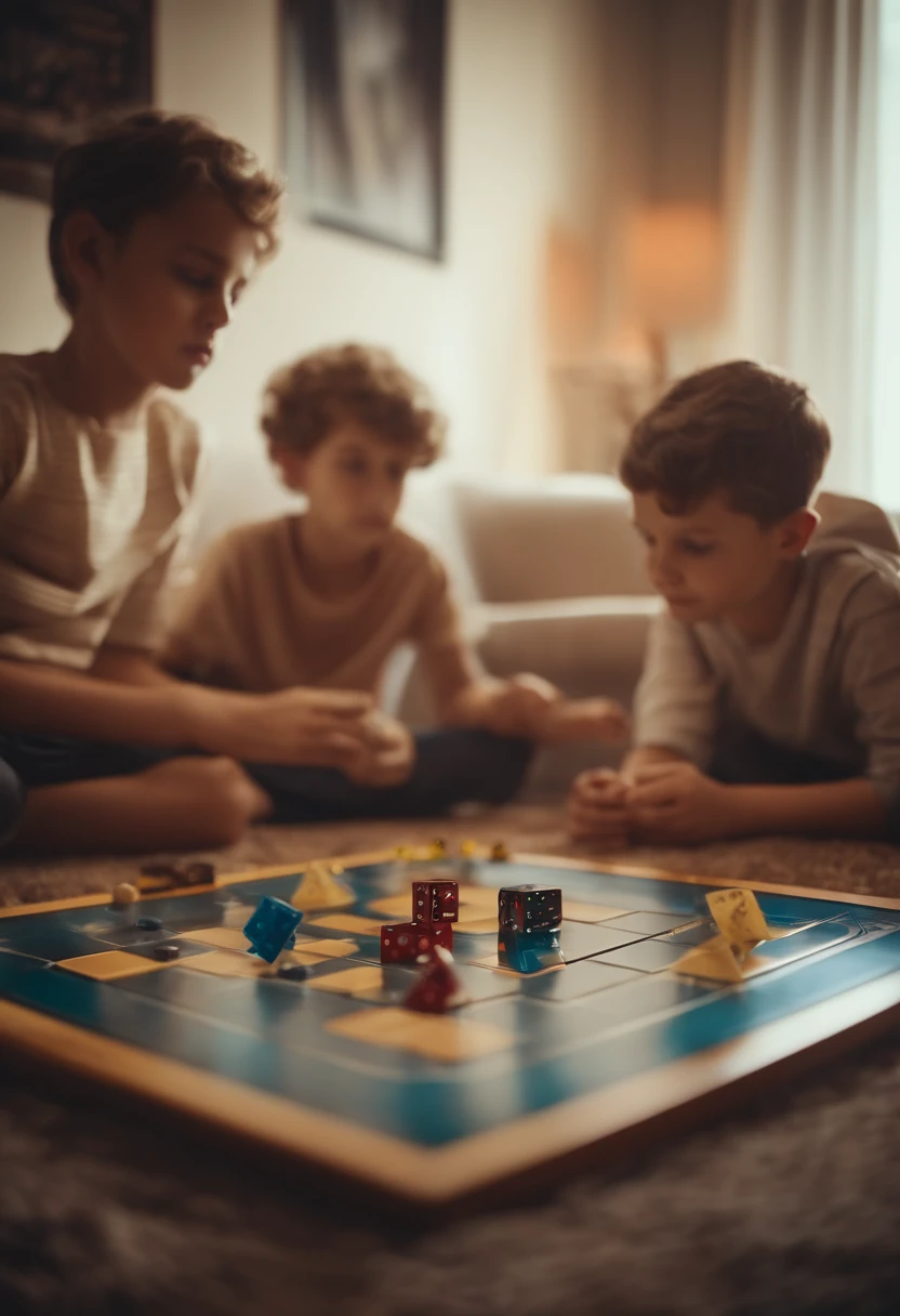 2 kids playing a futuristic board game in a living room in 2050