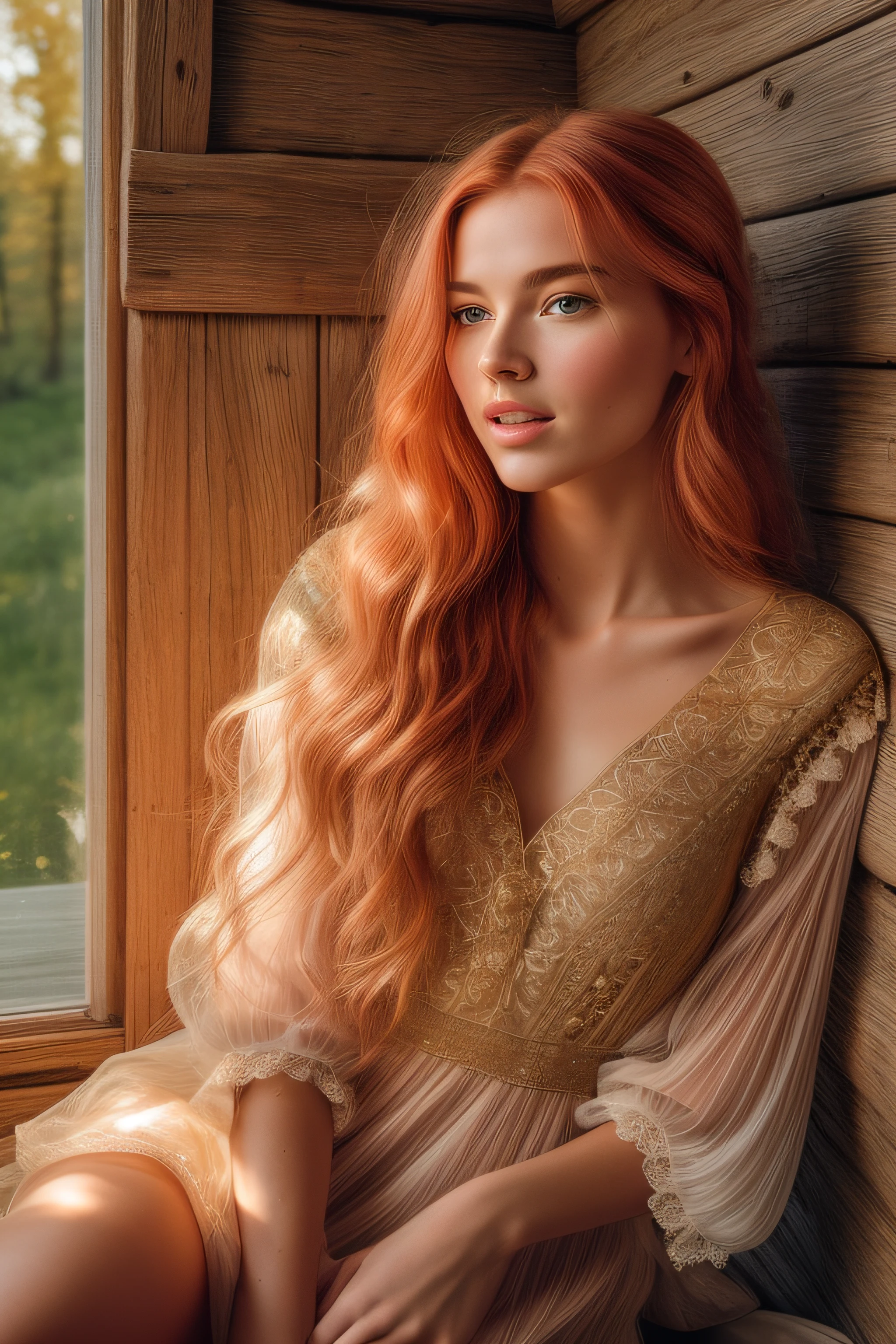 nordic young woman, cute face, seductive, best quality, masterpiece, translucent summer dress, golden hour, detailed textures, long braded hair, sitting on bed, posing, casual pose, wooden cottage, interior, [blush], aesthetic, intricate, caustics, light rays, sunlight, (((soft lips))), (((glossy lips))), highly detailed, (semi-realistic:1.2), niloudef, red hair