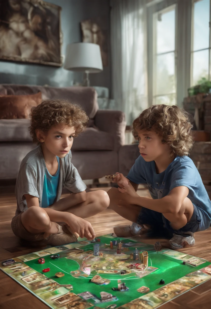 2 kids playing a futuristic board game in a living room in 2050