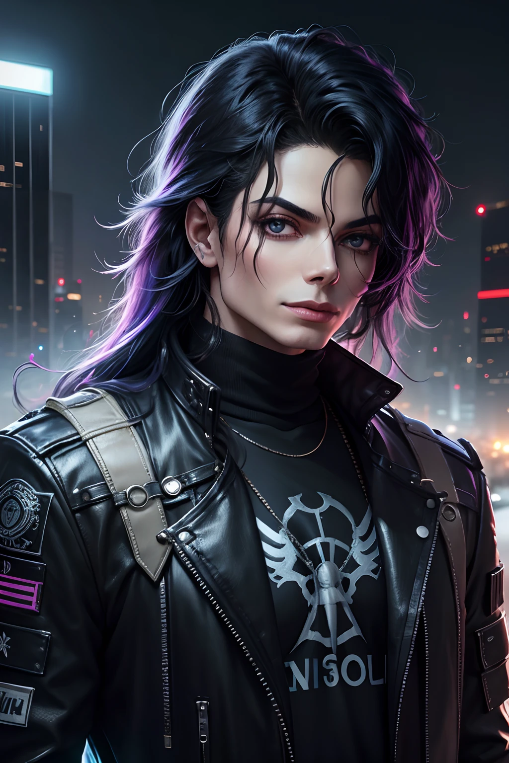 michael jackson anjo de asas,angelical, nuvens ,ceu, realismo extremo,,cabelos lisos,com roupa branca, cyber punk, cidade ,luzes neon.