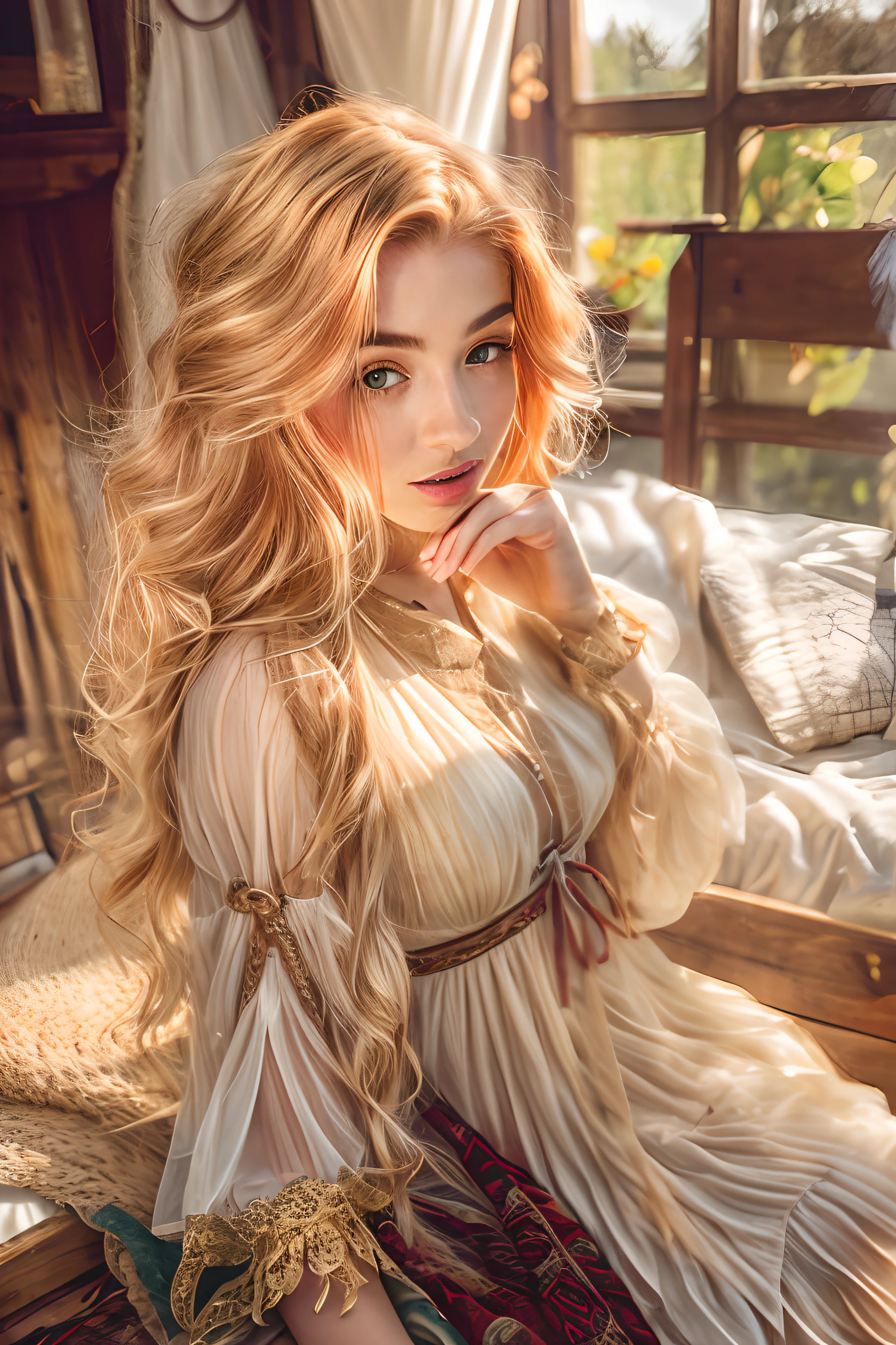 nordic young woman, cute face, seductive, best quality, masterpiece, translucent summer dress, golden hour, detailed textures, long braded hair, sitting on bed, posing, casual pose, wooden cottage, interior, [blush], aesthetic, intricate, caustics, light rays, sunlight, (((soft lips))), (((glossy lips))), highly detailed, (semi-realistic:1.2), niloudef, red hair