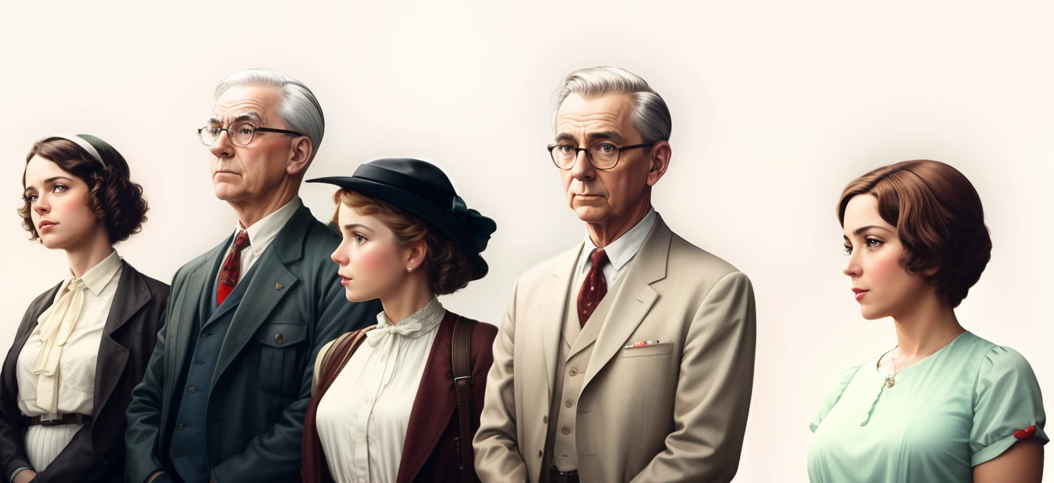 There is a group of people queuing in a queue, No estilo de Norman RoCkwell, arte promoCional, arte Chave, Estilo Norman RoCkwell, inspired by László Eloquent, inspirado em William Crosbie, Arte promoCional da BBC, Estilo de Norman RoCkwell, j. C. LeyendeCker 8 K, imagem promoCional do filme