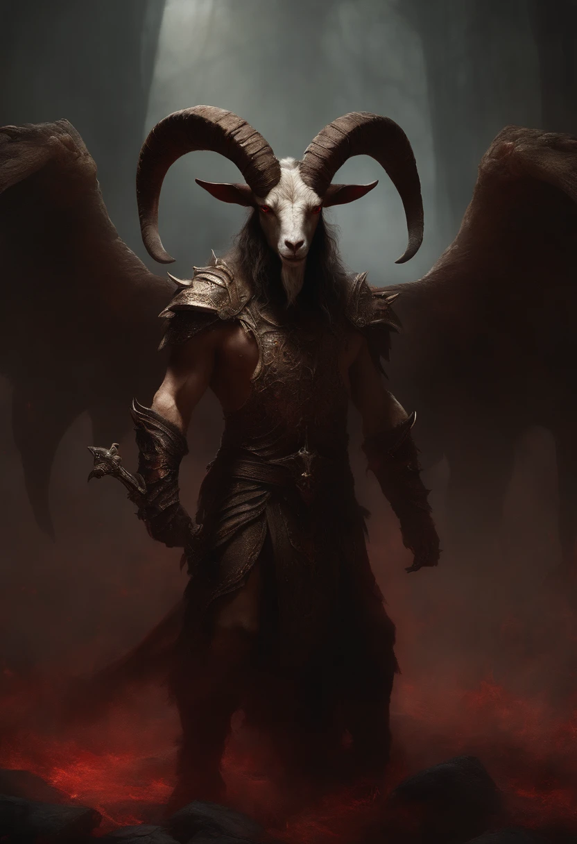 a goat-headed demon with large horns, strong and strong upper body, demon skins, skins, ((claws, wings)), demonic armor, blood splatters, skulls on the ground, standing in a blood ritual, medieval, dark room, dim light, masterpiece, realistic, oil painting