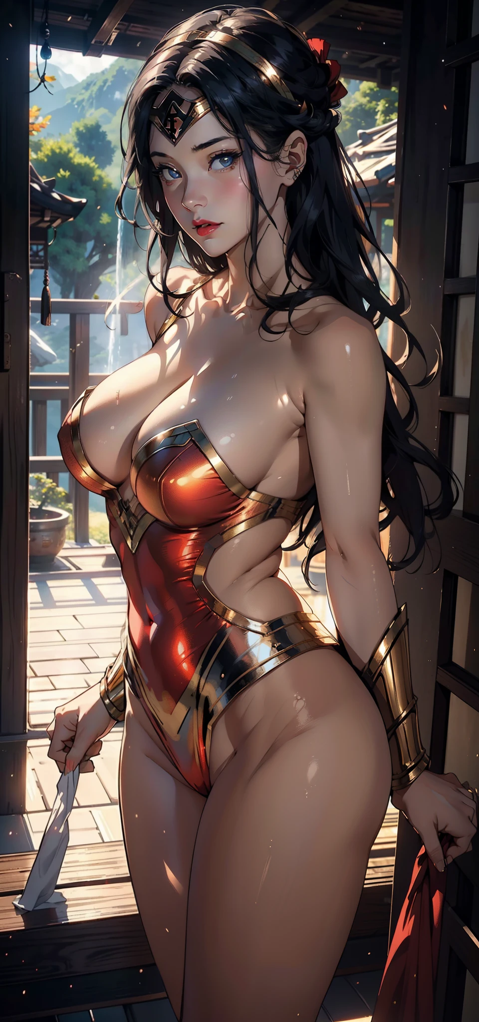 1female,41 years old,熟妇,A MILF,mature,plumw,extremely large bosom ,Pornographic exposure, 独奏,(Background with:the rainforest,volcanoes,hot onsen) She has short black hair,bobo head,Station,seen from the front, hair straight, mostly cloudy sky,(((tmasterpiece),(Very detailed CG unity 8K wallpaper),best qualtiy,cinmatic lighting,detailed back ground,beatiful detailed eyes,Bright pupils,Redlip(Very fine and beautiful),(Beautiful and detailed eye description),ultra - detailed,tmasterpiece,)),facing at camera,A high resolution,ultra - detailed),revealing breasts,Bare genitalia, Bulge,legs are open,Raised sexy,Camel toes,Flushed complexion,Open-mouthed,frontage,wonder women,(Wearing:Gold thread headband,Wonder Woman uniform)