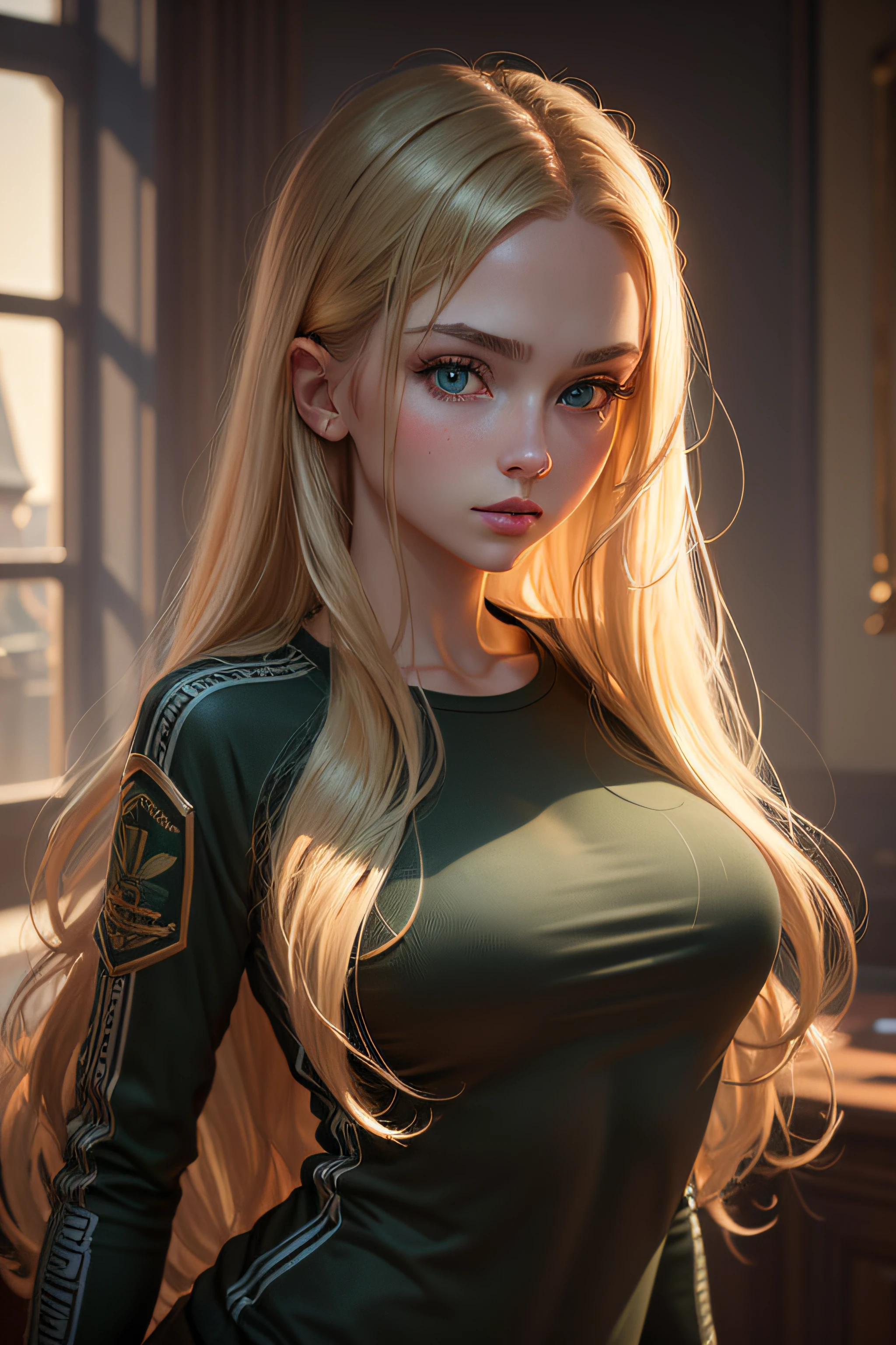 Masterpiece, best quality, ultra detailed, 8K, detailed lighting, detailed shadows, RAW, (detailed skin), (fidelity: 1.2), 1 Russian girl, face, 18 years old, blonde, long hair, green eyes,, jogging