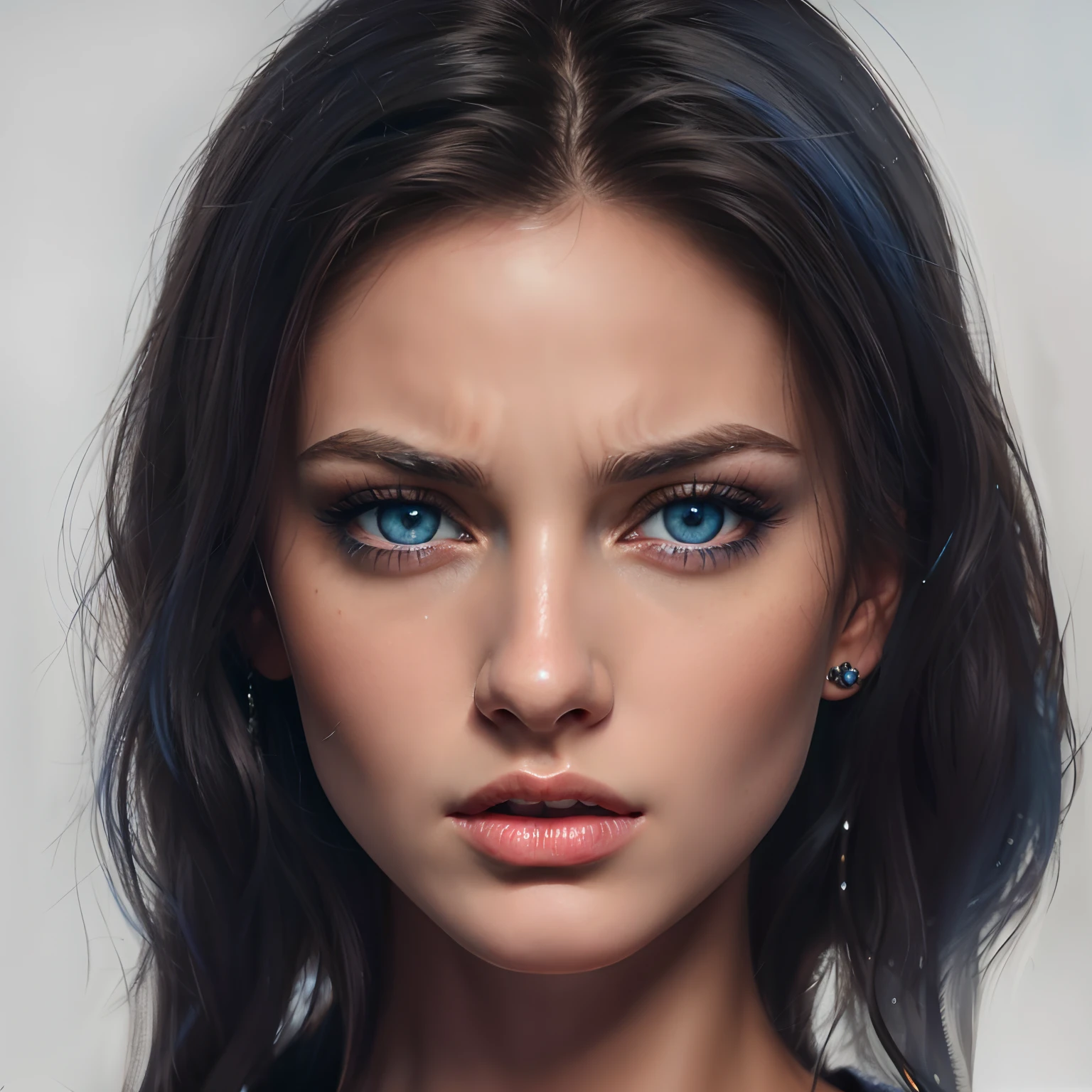 Close-up of woman with blue eyes and black top, realistic beautiful face, beautiful realistic face, Close-up portrait of a character, Detailed attractive face, realistic female portrait, Realistic digital drawing, detailed beautiful face, Realistic perfect face, Realistic detailed face portrait, frightened and angry, In anger, Screams, Photography, 4K ultra-realism