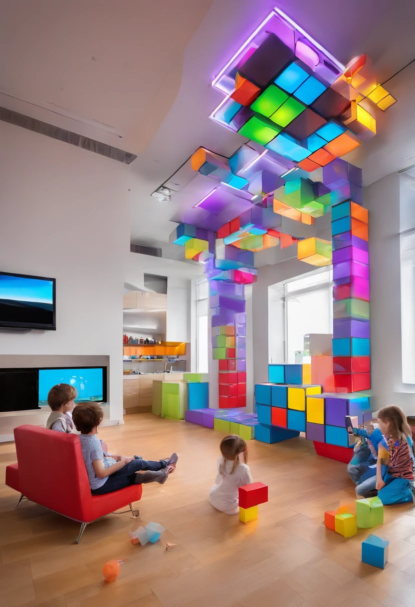 2 children playing life-size tetris in a futuristic style living room