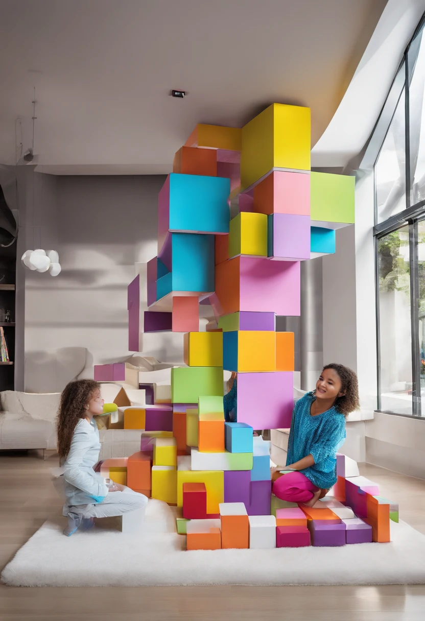 2 children playing life-size tetris in a futuristic style living room