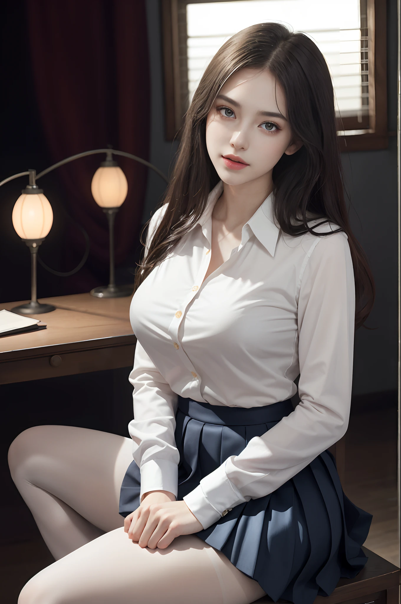 ultra realistic 8k cg, picture-perfect face, flawless, clean, masterpiece, professional artwork, famous artwork, perfect face, beautiful face, beautiful eyes, ((perfect female body)), solo, (immersive atmosphere, chiaroscuro:1.5, bright light:1.2, luminous lighting), showing a delicate slim figure and graceful curves, (beautiful long legs:1.3), (blush:0.5),seductive expression, extremely detailed_eyes, thick thighs, large breasts,
beautifully detailed background, depth of field, realistic:1.3, long shot, 1girl, shirt, pleated skirt, school uniform, sitting, full body, 
(ambient light:1.3), (cinematic composition:1.3), (neon lights:0.1), (HDR:0.1), Accent Lighting, white pantyhose,
