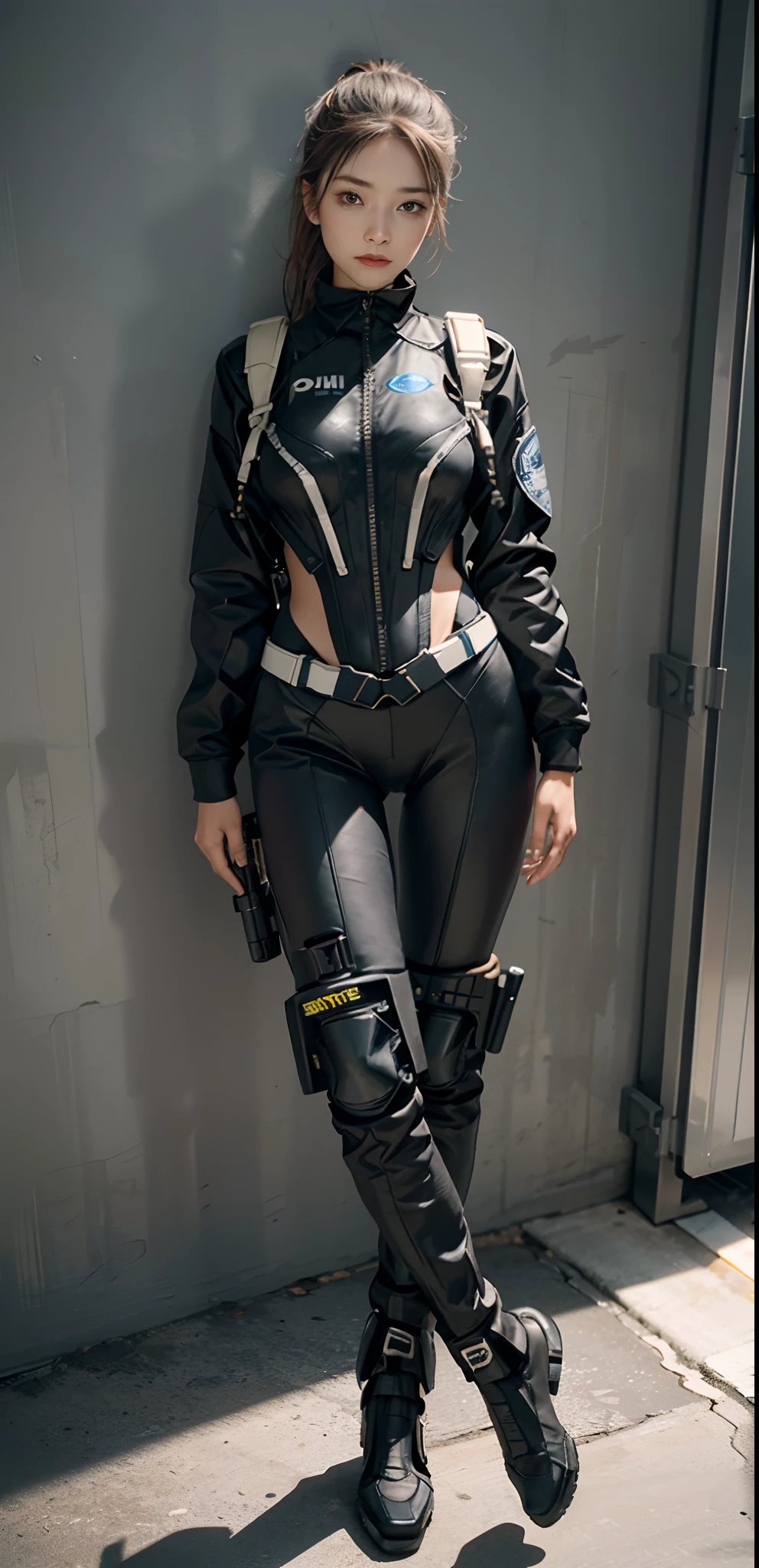 Highest image quality, outstanding details, ultra-high resolution, (realism: 1.4), the best illustration, favor details, highly condensed 1girl, with a delicate and beautiful face, ((full body)), (wearing racing suit likes police uniform, black and gray mecha, wearing a night-vision goggle, military harness, holding a machinegun or bring a machinegun, "SST"), background simple grey wall,