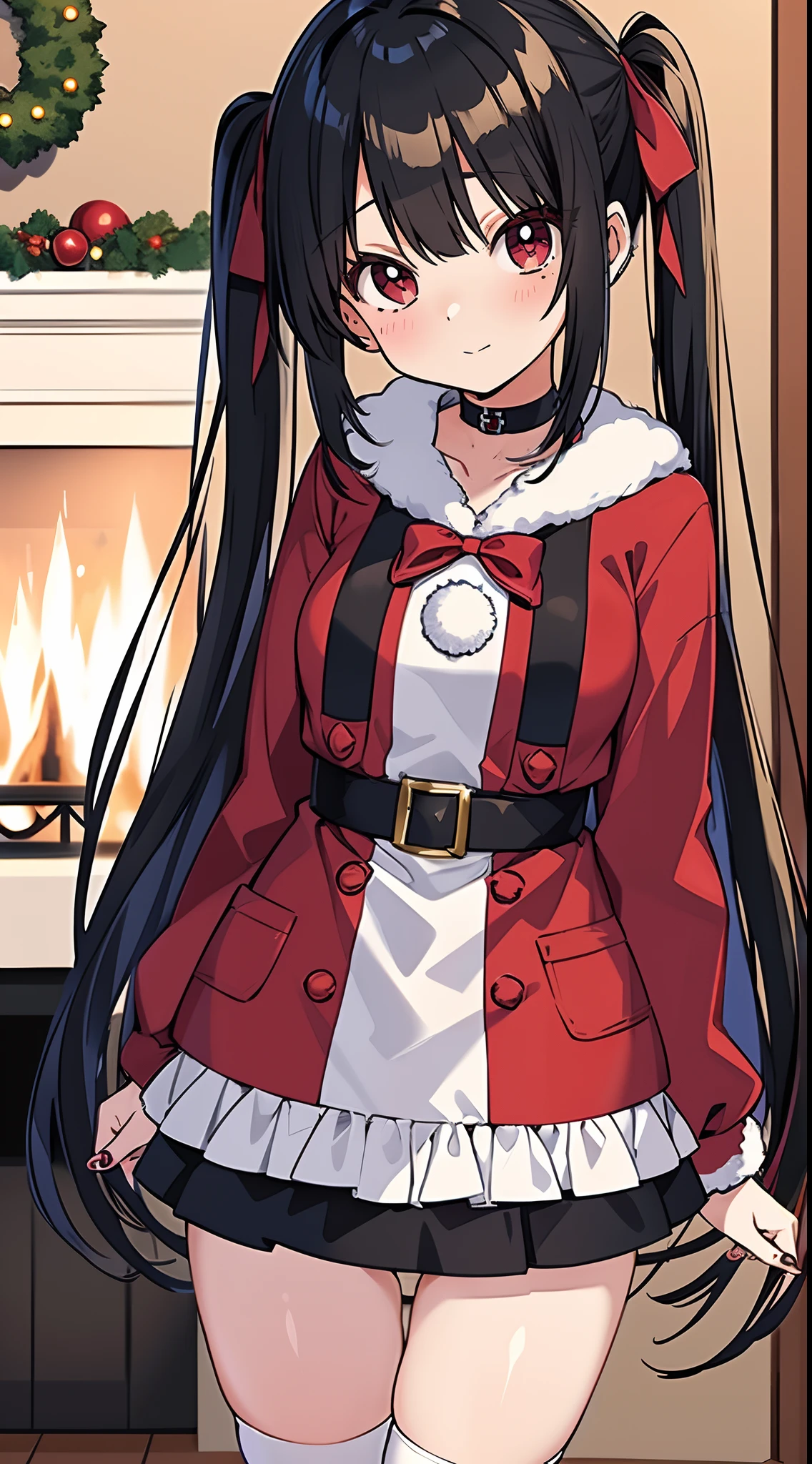 Anime style girl, 1 girl, Solo, Red Eyes, Black hair, Twin-tailed, Hair Ribbon, piercings, Warm Santa Claus costume,Watch viewers in front of the fireplace,
