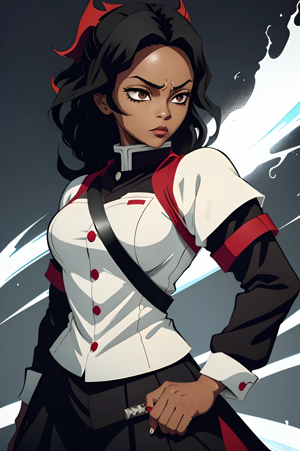 black young woman, woman, medium hair, uniforme demon slayer, red sword, bleach pose, black hair, negra, black eyes, linda, negra
