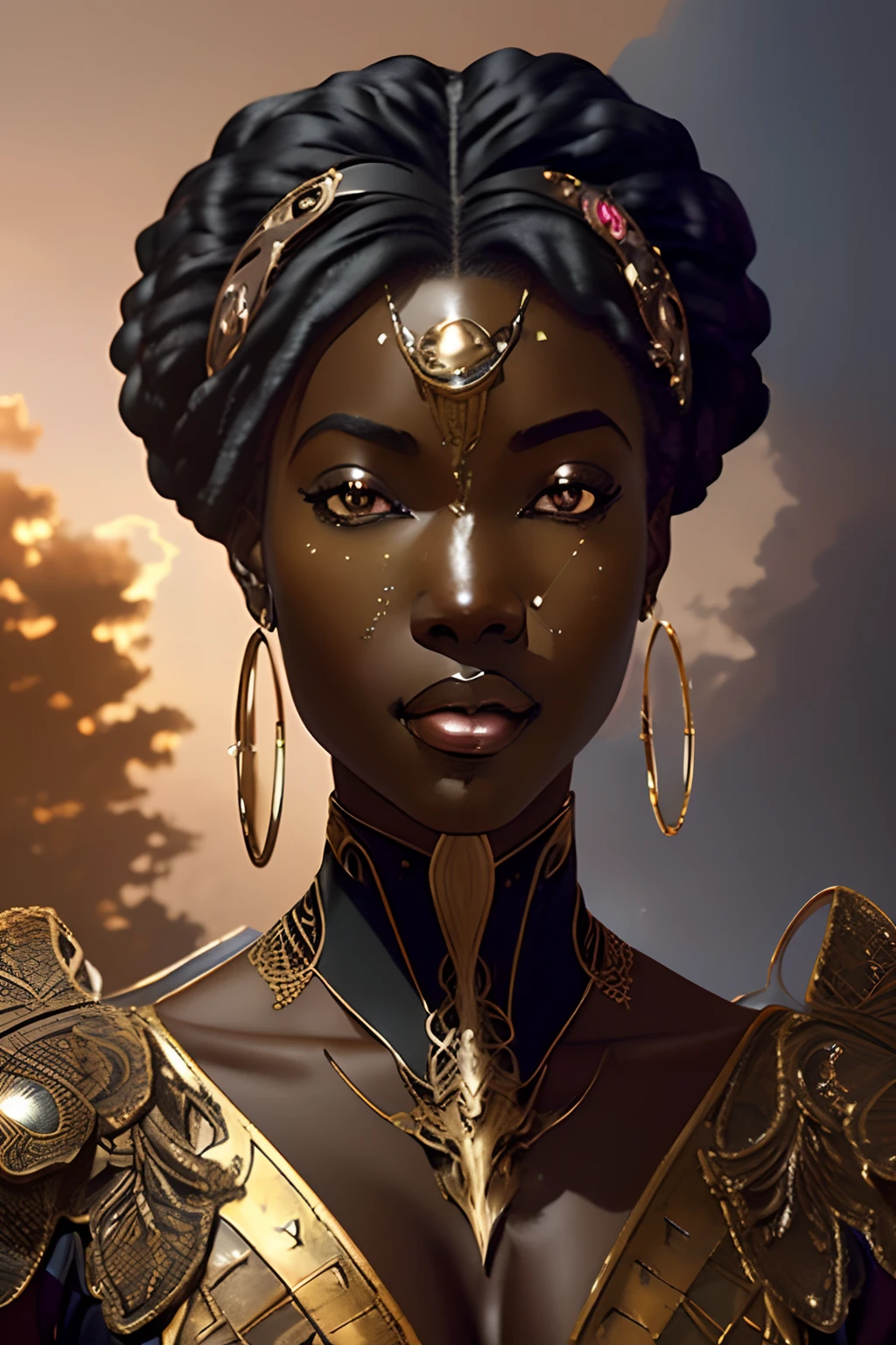 ((realistic image of a beautiful African-American woman, dark skin color)), beautiful smiling, ((looking at the night sky, natural standing pose, na frente da millennium falcon)), wearing mandallor armor, long mega hair, dreadlocks, ((Kanekalon)), diving camera view, golden ratio, dark background lighting, close up, Detailed facial details, face perfect, sharpening, Trend Art, sharp facial details, Ultra-high quality, line art, high fantasy, exotic, 4K, 8k soft lighting, dreamy --iso 100