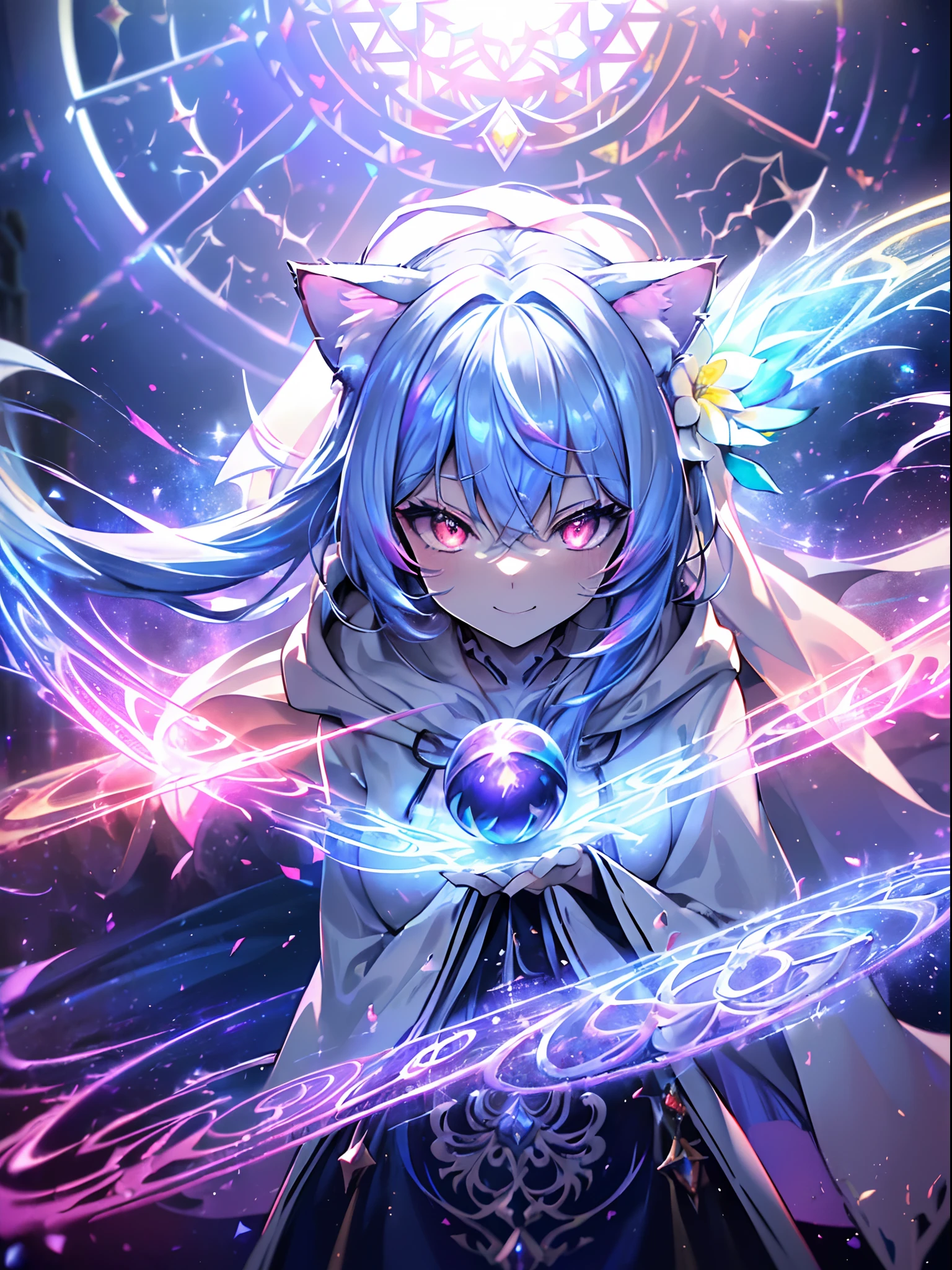 (Cat's ears:1.4)(Irridescent color、Bright pink and dark pink hair 1.4),(The length of the bangs was cut evenly,:1.3) ,(large twin tails:1.3),(Stardust Red Eyes:1.3), (perfectly detailed eyes:1.3),(angry、Smile:1.3),(Face Focus:1.3),(breast closeup:0.7), (Proudly mischievous smile:1.3),(Fun and fun,A smile:1.3),(Adventurer Wizard:1.3),(Extended Video Angle:1.4),(A wizard who manipulates fire:1.3),(dance:1.3),Her skin is pale,(Emitting an aura of light,(Face Zoom:1.3),Highest Quality, (Accurately grab the rainbow-colored magic ball:1.3),(Many blue glowing blades fly around her:1.3),Complex castle town,Lens Flare, Big rainbow,The moon shines,money, bloom, ((light glow)), chromatic abberation], Digital Painting, Insane details, Intricate details, Beautifully color graded, Anime Clothing,Unreal Engine, Cinematic , colour grading, Editorial Photography , Photography, Kiss Shot, Canon 5D Camera Photography,Shot on 70mm lens, Depth of subject, ultra sharpness, nffsw, octane, Unreal, Dramatic light, Global Illumination,Motion Picture Film,rainbow,lensflare,(Flower Window Avenue:1.3),(White priestess cloak:1.3),(Agfacolor:1.3),(close portrait:1.3),(Feminine:1.4),(Beautiful:1.4),(Attractive:1.3),Move an angle,Themed Background,（Rainbow Church Background:1.3）