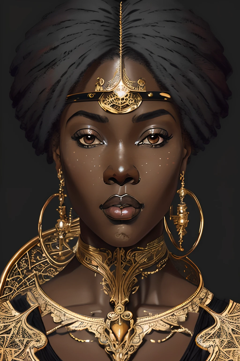(best quality,4k,8k,highres,masterpiece:1.2),ultra-detailed,(realistic,photorealistic,photo-realistic:1.37),dark-skinned woman,beautiful detailed eyes,beautiful detailed lips,extremely detailed face,golden nipple ring,elegant pose,dramatic lighting,chiaroscuro,cinematic,moody,dark and mysterious