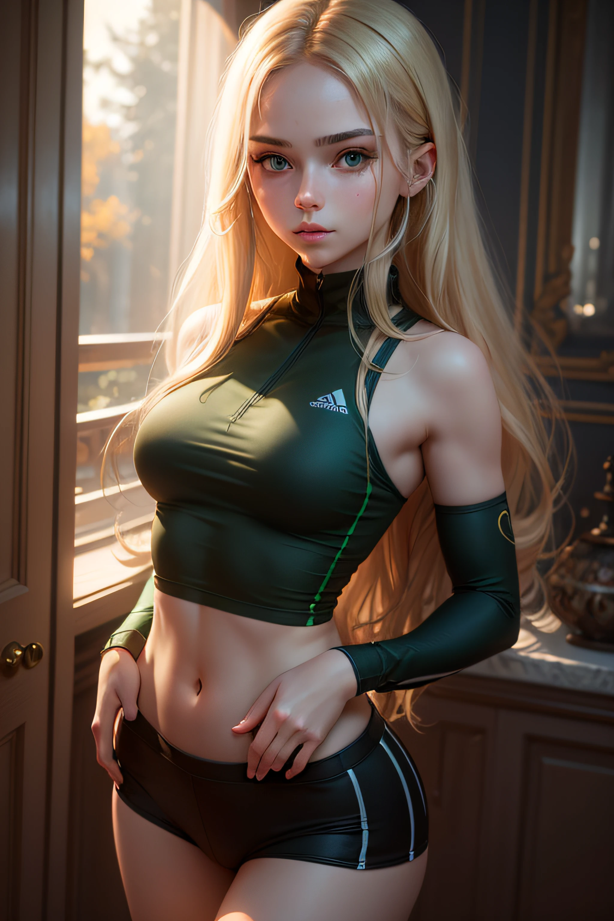 Masterpiece, best quality, ultra detailed, 8K, detailed lighting, detailed shadows, RAW, (detailed skin), (fidelity: 1.2), 1 Russian girl, face, 18 years old, blonde, long hair, green eyes,, jogging