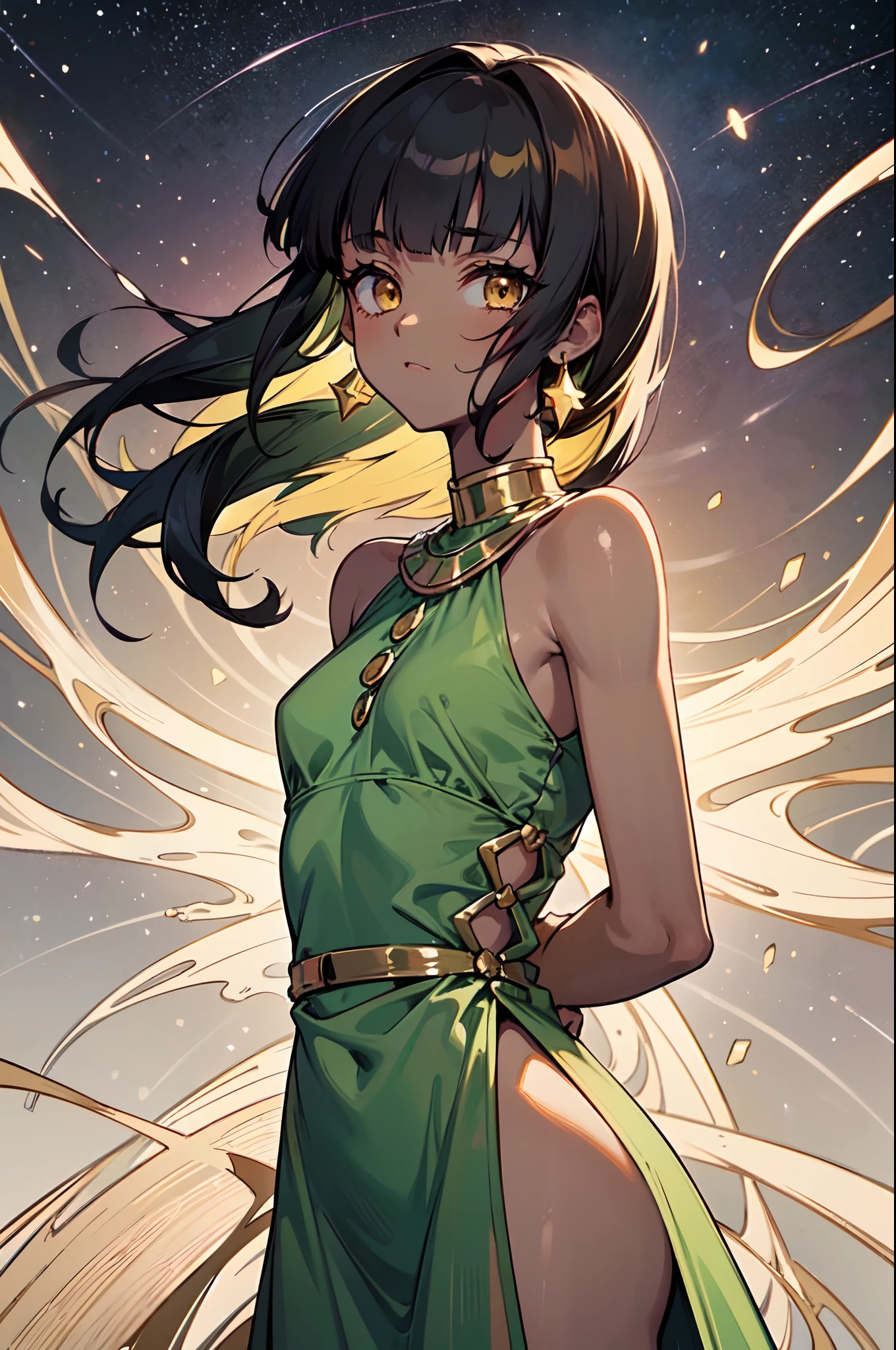 1girl, solo, , cute petigirl, (dark skin:1.3), black hair, (long hair, big hair), ((hime cut, blunt bangs, blunt sidelocks)), hair flowing down, messy hair, straight hair, yellow eyes, glowing eyes, egyptian clothes, colorful dress, (jade green dress, green dress, pelvic courtain, gold accesories, golden accesories), abs, old fashioned clothes, (small breasts), inexpressive, neutral, standing, arms down, arms behind back, looking at viewer, (upper body, face focus), (impressionism, starry night, abstract background, floating), masterpiece, best quality, 16k