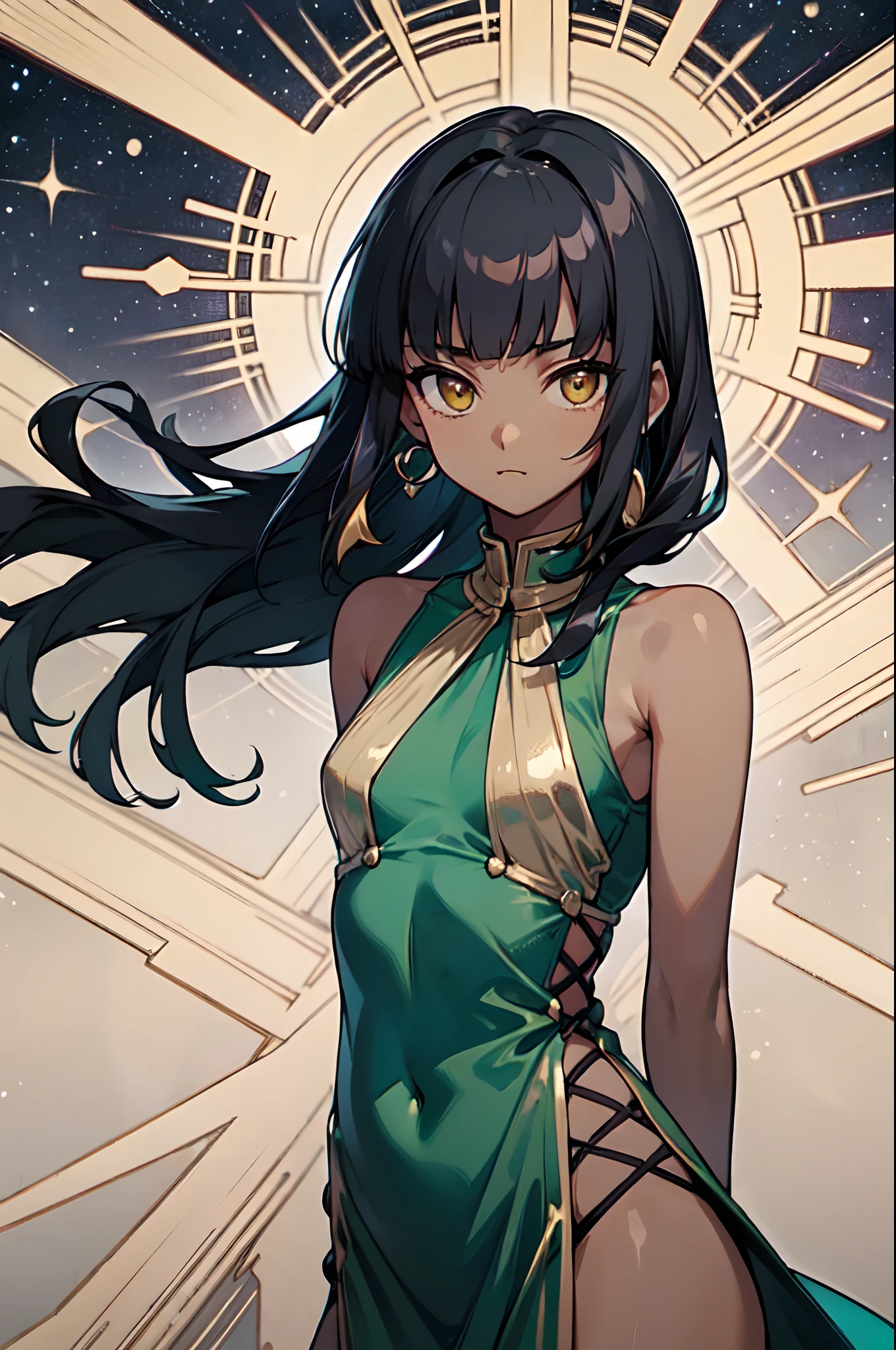 1girl, solo, , cute petigirl, (dark skin:1.3), black hair, (long hair, big hair), ((hime cut, blunt bangs, blunt sidelocks)), hair flowing down, messy hair, straight hair, yellow eyes, glowing eyes, egyptian clothes, colorful dress, (jade green dress, green dress, pelvic courtain, gold accesories, golden accesories), abs, old fashioned clothes, (small breasts), inexpressive, neutral, standing, arms down, arms behind back, looking at viewer, (upper body, face focus), (impressionism, starry night, abstract background, floating), masterpiece, best quality, 16k