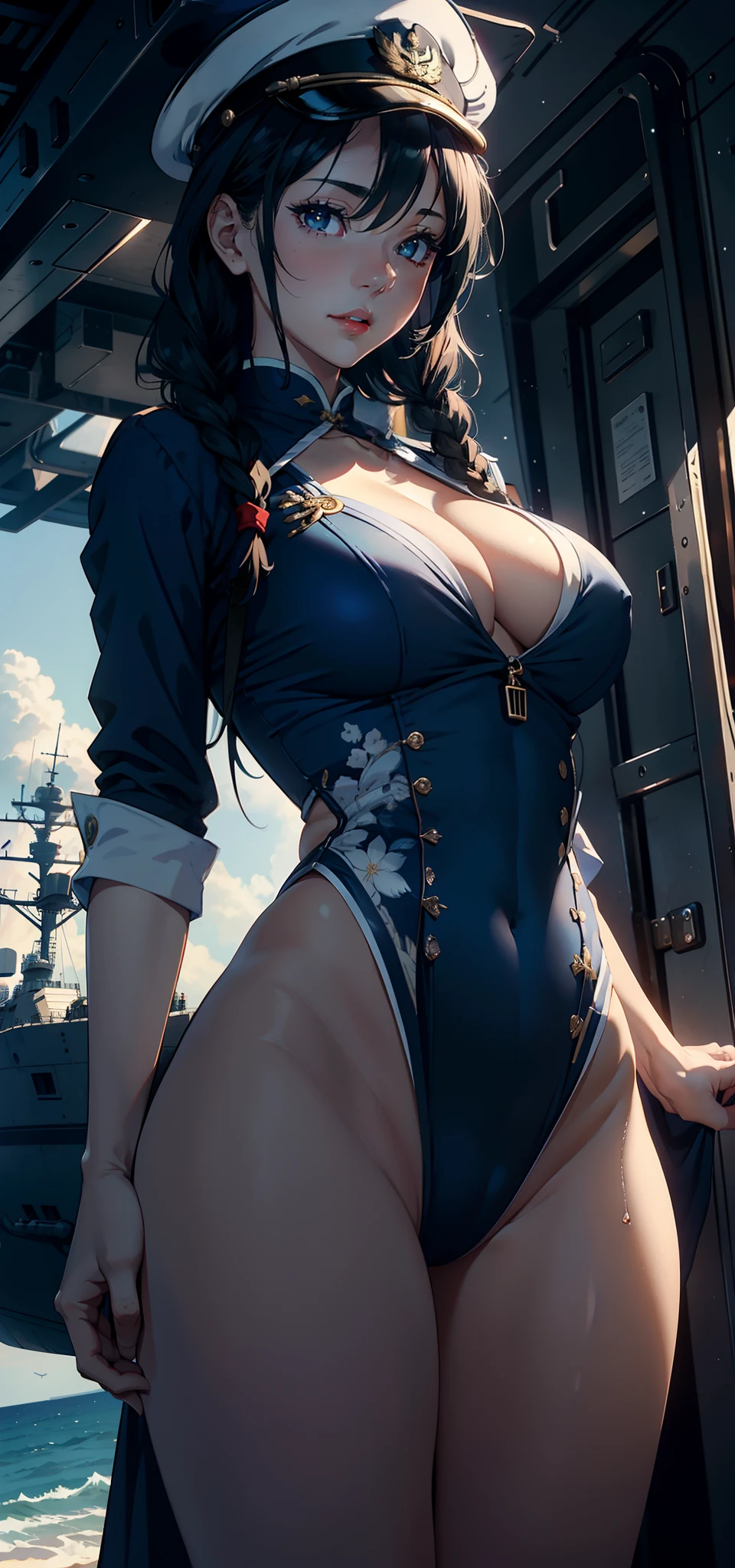 1female,35yo,plumw,extremely large bosom,Big breasts Thin waist,Long legs, 独奏,(Background with:aircraft carrier,Mare,airships,warships),legs are open,, with his long black hair,Twist braids,Stand on a warship,seen from the front, , mostly cloudy sky,(((tmasterpiece),(Very detailed CG unity 8K wallpaper),best qualtiy,cinmatic lighting,detailed back ground,beatiful detailed eyes,Bright pupils,Black eyes,Snow-whiteskin,Redlip(Very fine and beautiful),(Beautiful and detailed eye description),ultra - detailed,tmasterpiece,))facing at camera,A high resolution,ultra - detailed), Bulge,legs are open,Raised sexy,Camel toes,Flushed complexion,Desire for dissatisfaction,frontage,Chinese Navy,Blue and white sailor suit,Sailor's cap