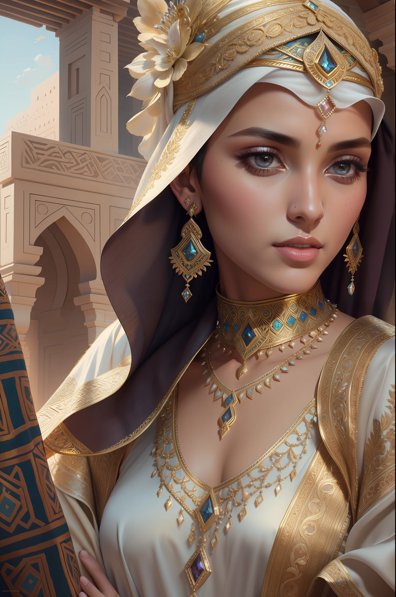 ModelShoot style, (Extremely detailed Cg Unity 8K wallpaper), full-shot body photo of the most beautiful artwork in the world, (arabian princess:1.4), Delicate silk clothes, Arabic silk turban, magic, An Arab village,The background is Persian details, hdr, Realist paintings by Ed Brinkie, atey ghailan, by Ghibli Studio, author:Jeremy Mann, Greg Manchess, Antonio Moro, trending on artstationh, trending on CGSociety, Intricate, High detail, Sharp focus, Dramatic, photorealistic painting art by midjourney and greg rutkowski
