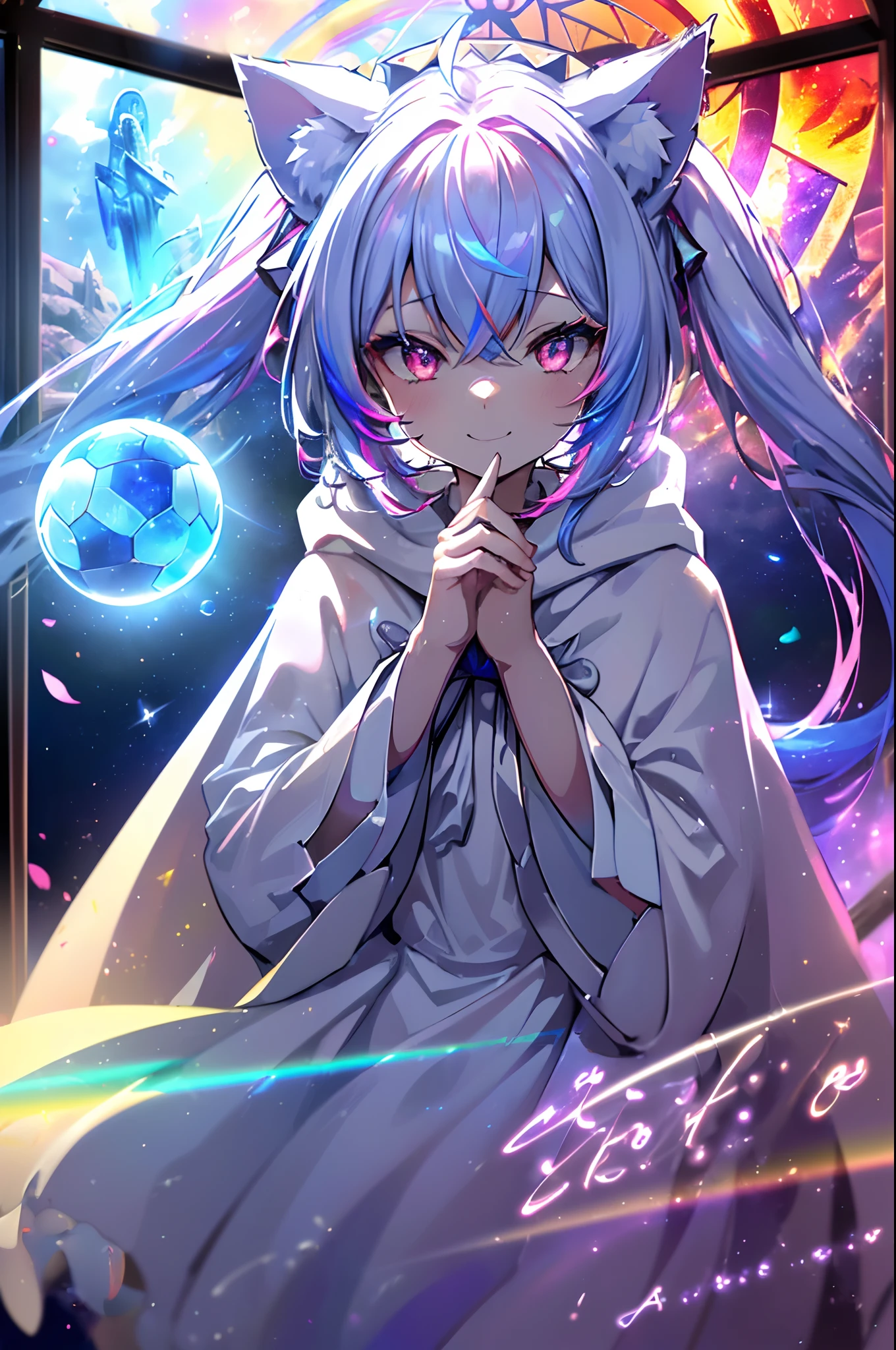 (Cat's ears:1.4)(Irridescent color、Bright pink and dark pink hair 1.4),(The length of the bangs was cut evenly,:1.3) ,(large twin tails:1.3),(Stardust Red Eyes:1.3), (perfectly detailed eyes:1.3),(angry、Smile:1.3),(Face Focus:1.3),(breast closeup:0.7), (Proudly mischievous smile:1.3),(Fun and fun,A smile:1.3),(Adventurer Wizard:1.3),(Extended Video Angle:1.4),(A wizard who manipulates fire:1.3),(dance:1.3),Her skin is pale,(Emitting an aura of light,(Face Zoom:1.3),Highest Quality, (Accurately grab the rainbow-colored magic ball:1.3),(Many blue glowing blades fly around her:1.3),Complex castle town,Lens Flare, Big rainbow,The moon shines,money, bloom, ((light glow)), chromatic abberation], Digital Painting, Insane details, Intricate details, Beautifully color graded, Anime Clothing,Unreal Engine, Cinematic , colour grading, Editorial Photography , Photography, Kiss Shot, Canon 5D Camera Photography,Shot on 70mm lens, Depth of subject, ultra sharpness, nffsw, octane, Unreal, Dramatic light, Global Illumination,Motion Picture Film,rainbow,lensflare,(Flower Window Avenue:1.3),(White priestess cloak:1.3),(Agfacolor:1.3),(close portrait:1.3),(Feminine:1.4),(Beautiful:1.4),(Attractive:1.3),Move an angle,Themed Background,（Rainbow Church Background:1.3）