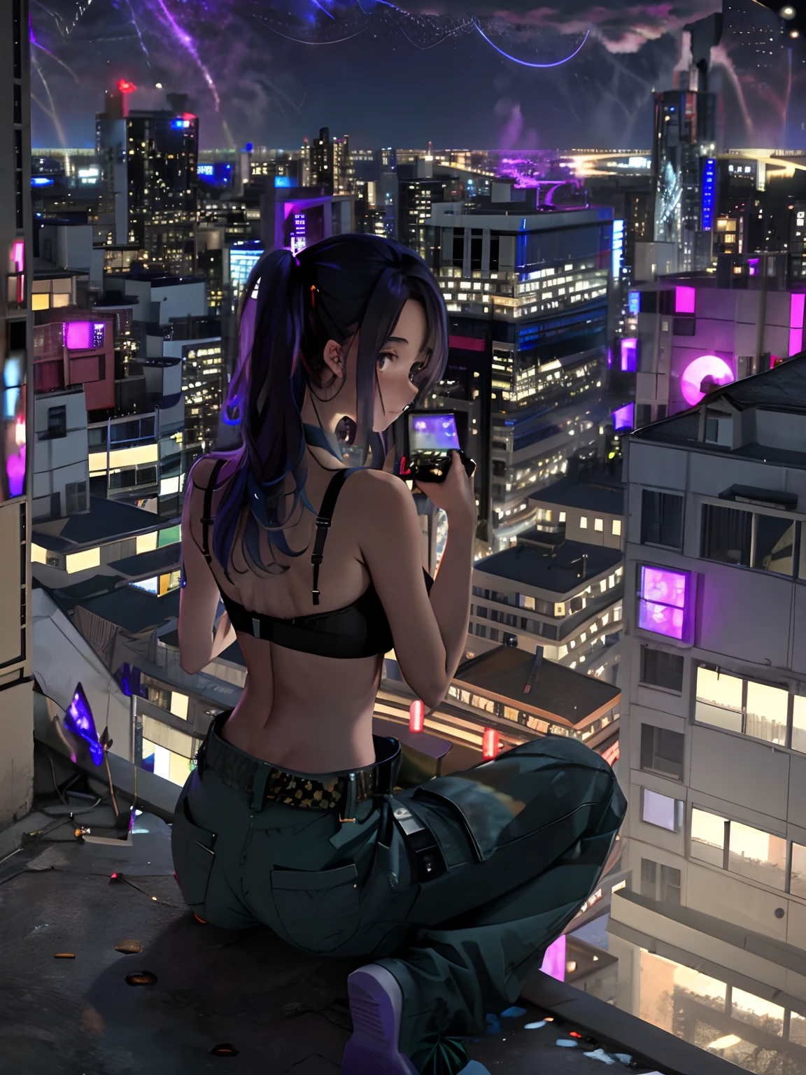 (noite) Cute girl on top of a building wearing baggy pants and bra watching the horizon and reflecting on how society has come to the point of self-destruction, imagem triste e reflexiva, Girl on top of a building watching everything and reflecting on how society came to the point of self-destruction, imagem triste e reflexiva