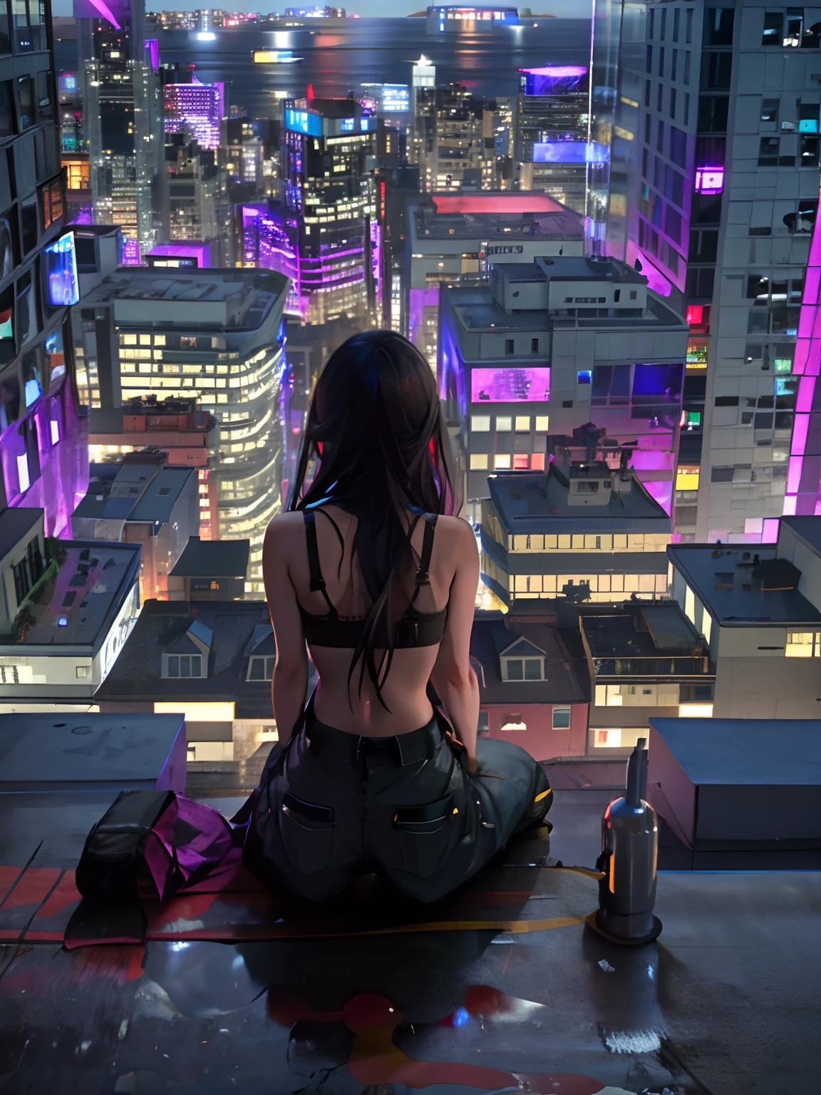 (noite) Cute girl on top of a building wearing baggy pants and bra watching the horizon and reflecting on how society has come to the point of self-destruction, imagem triste e reflexiva, Girl on top of a building watching everything and reflecting on how society came to the point of self-destruction, imagem triste e reflexiva
